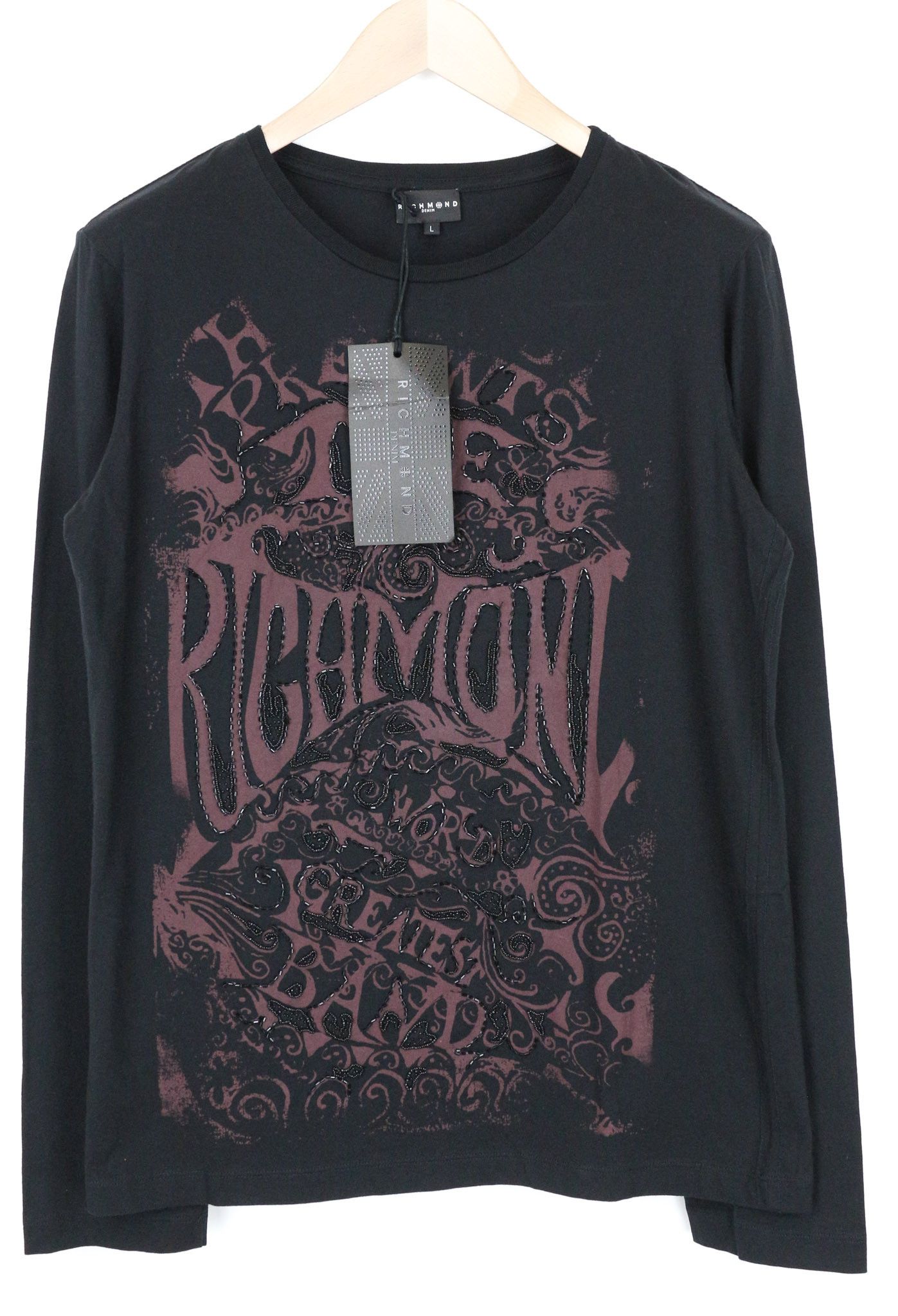 John Richmond L Black Cotton Logo Long Sleeve T-Shirt 74477 Size US L / EU 52-54 / 3 - 1 Thumbnail