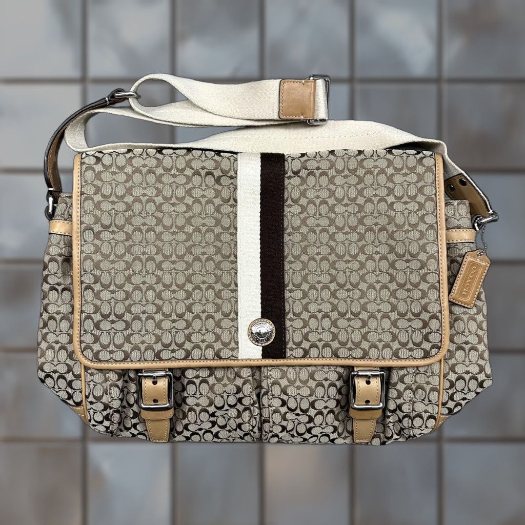 Vintage Not Present; But Must Follow Rules. Create Title: Coach Signature Stripe Messenger Bag Womens Khaki Brown Leather Crossbody F70183