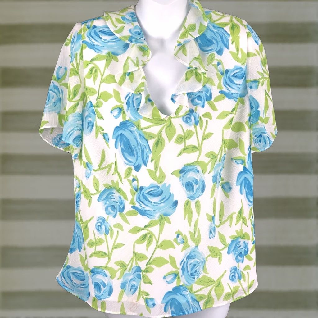 Vintage Danny Nicole Flowy Chiffon top 18 blue Floral ruffles V-neck Romantic Cottage Size XXL / US 16-18 / IT 52-54 - 1 Thumbnail