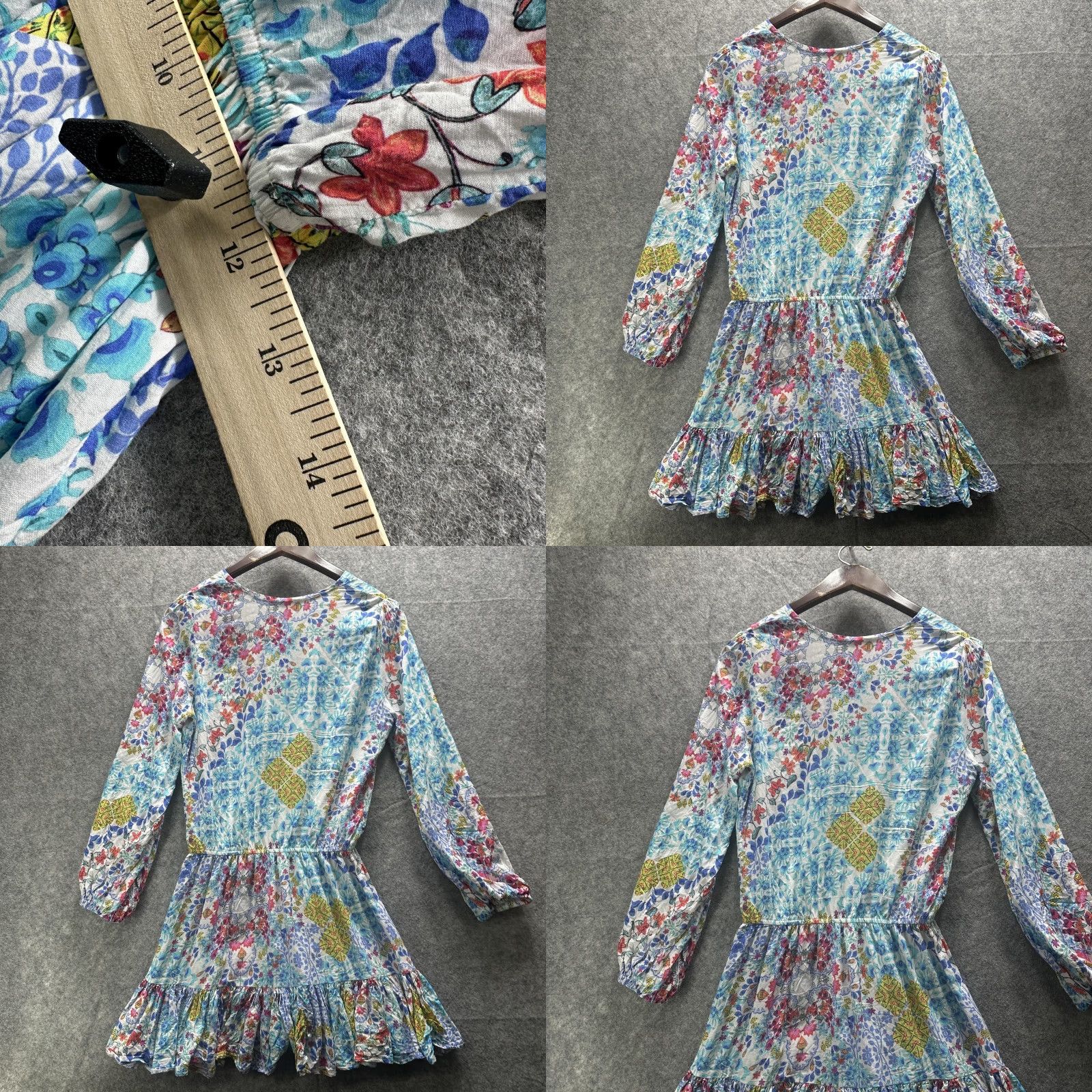 Vintage Luli Fama Dress Womens M Blue Floral Boho Ruffle Hem Long Sleeve Mini Beach Size M / US 6-8 / IT 42-44 - 10 Thumbnail