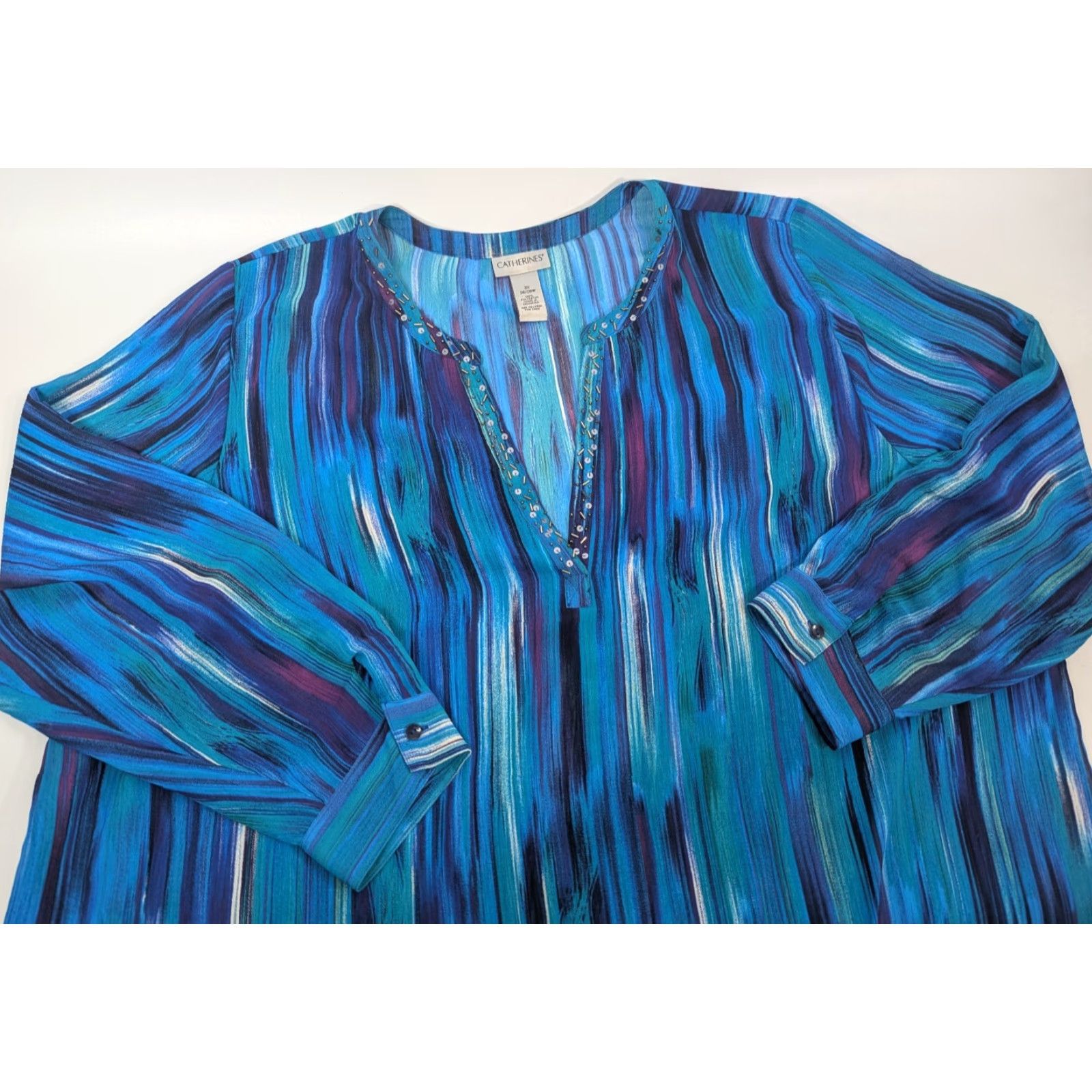 Vintage Catherines Boho Beaded Tunic Top Sheer Flowy Asymmetric Plus 3X 26/28W Festival Shirt Women Mens? Size XXL / US 16-18 / IT 52-54 - 2 Thumbnail