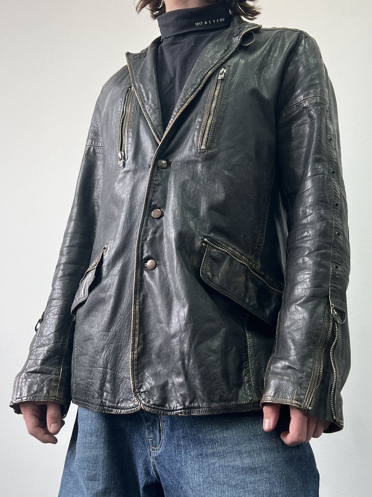Diesel Vintage 90s Diesel crazy faded Leather moto coat jacket Size US XL / EU 56 / 4 - 2 Thumbnail