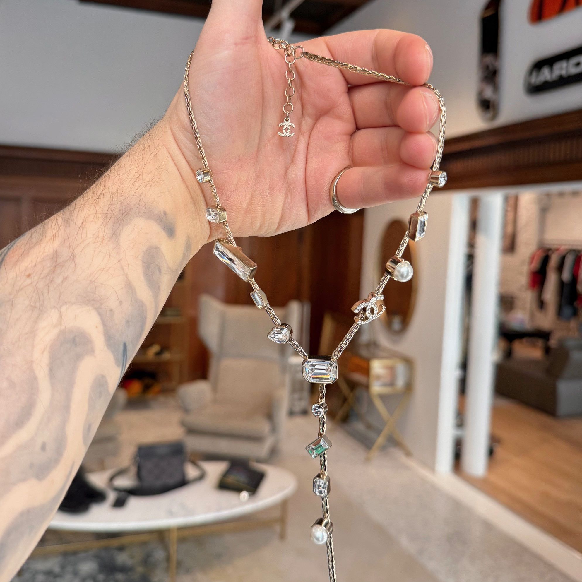 Chanel Chanel 22C Champ Gold Crystals Pearls CC Chain Drop Necklace Size ONE SIZE - 10 Thumbnail