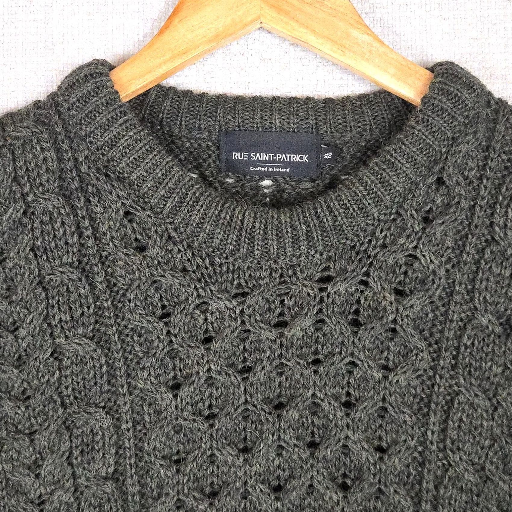 Vintage Rue Saint Patrick Mens XL Open Fisherman Knit Crew Neck Sweater 100% Wool Forest Green Size US XL / EU 56 / 4 - 7 Thumbnail
