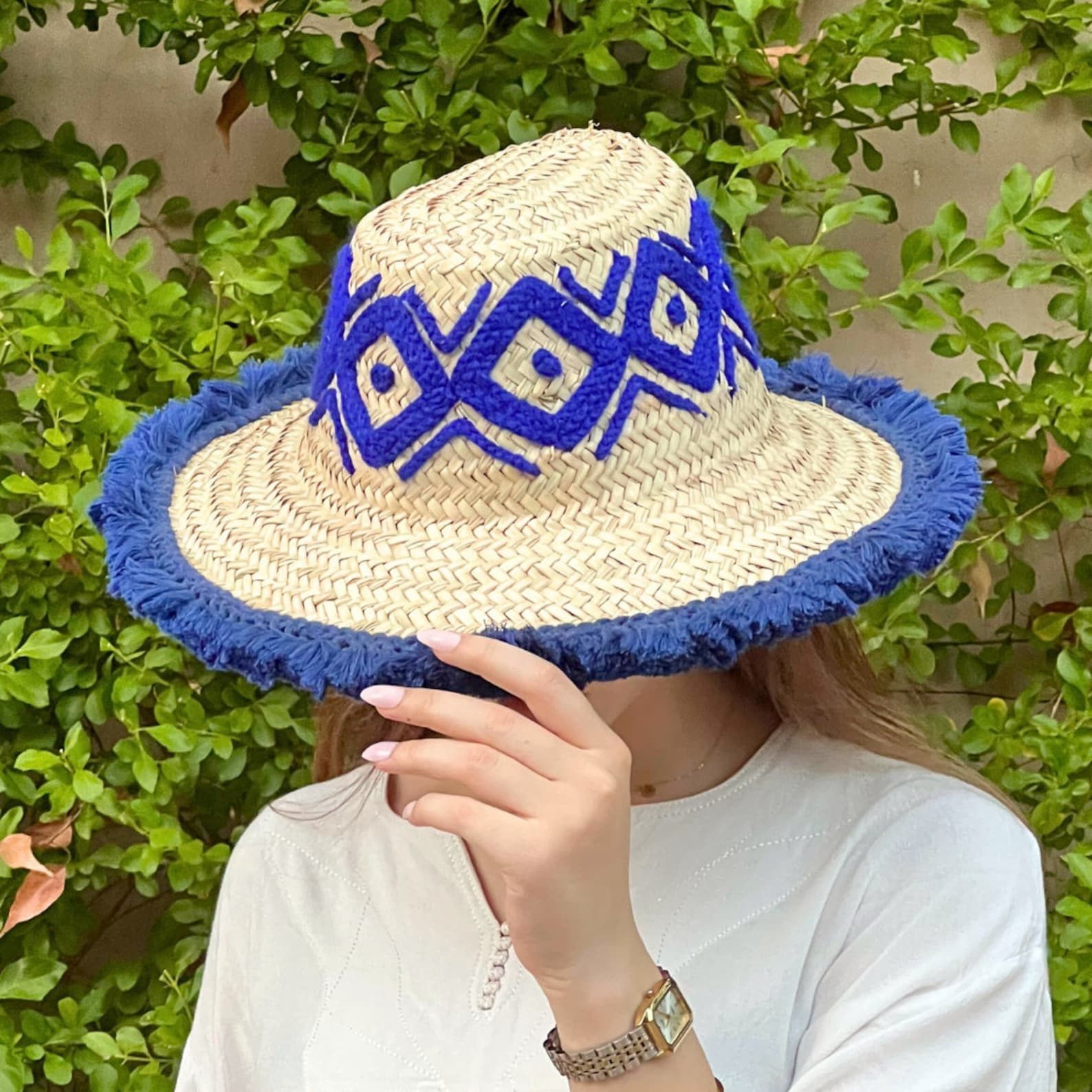 Vintage Moroccan Handmade Blue Patterned Straw Hat Size ONE SIZE - 2 Thumbnail