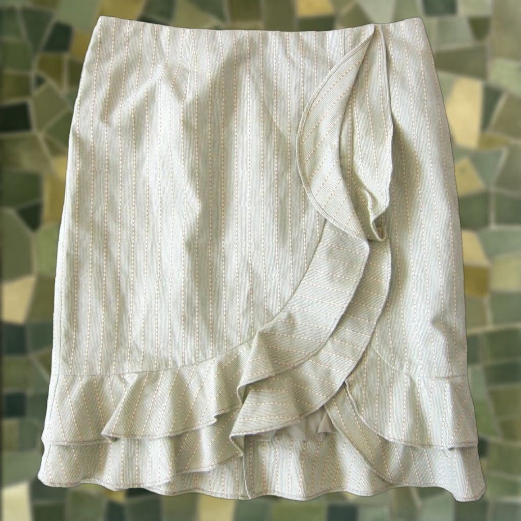 Nanette Lepore Nanette Lepore 100% Cotton Green Orange Pinstripe Ruffle Straight Pencil Skirt 4 Size 27" / US 4 / IT 40 - 1 Thumbnail