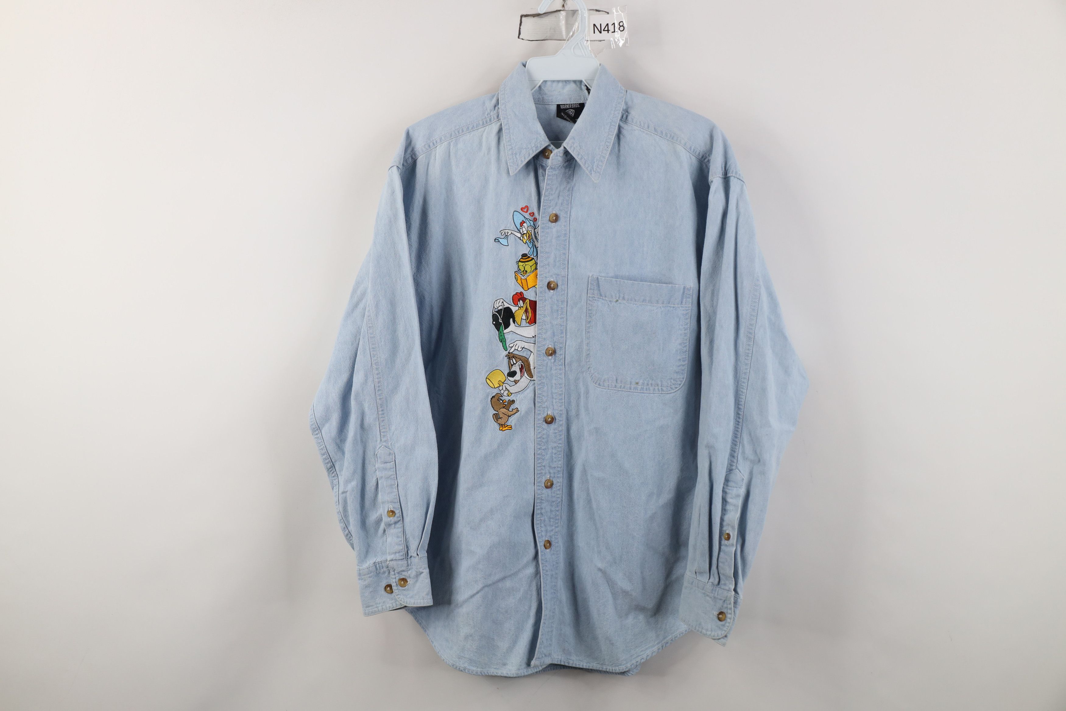 Vintage Vintage 90s Looney Tunes Egghead Jr Denim Button Shirt Size US S / EU 44-46 / 1 - 1 Thumbnail