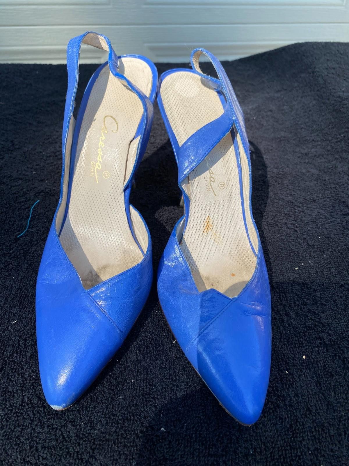 Designer Caressa Blue Heels Size 7 Leather Slingback Pointed Tow S635 Size US 7 / IT 37 - 1 Thumbnail