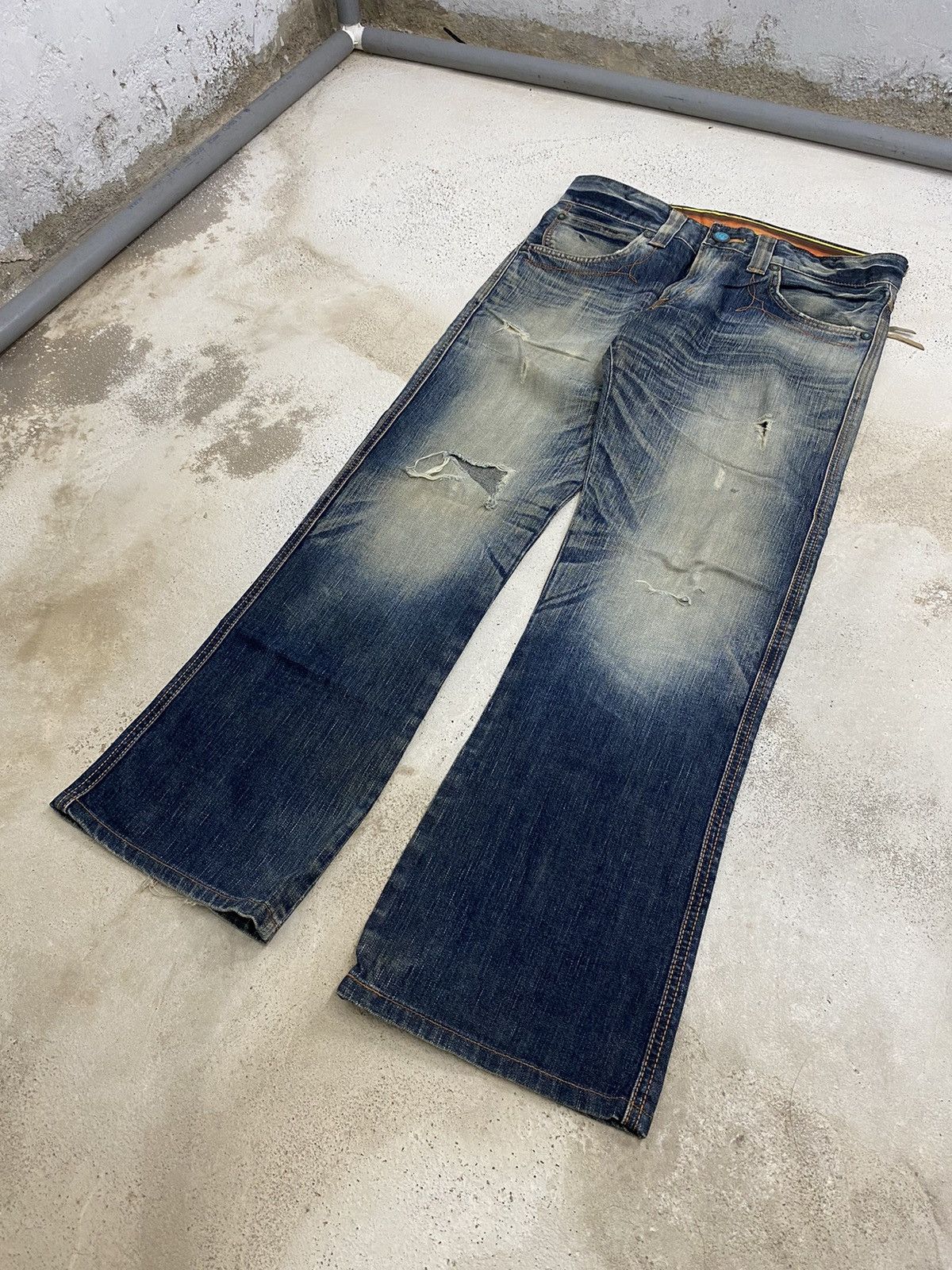 Edwin × Japanese Brand Edwin Blue Trip Mud Washed Whisker Distress Zipper Pocket Size US 31 - 3 Thumbnail