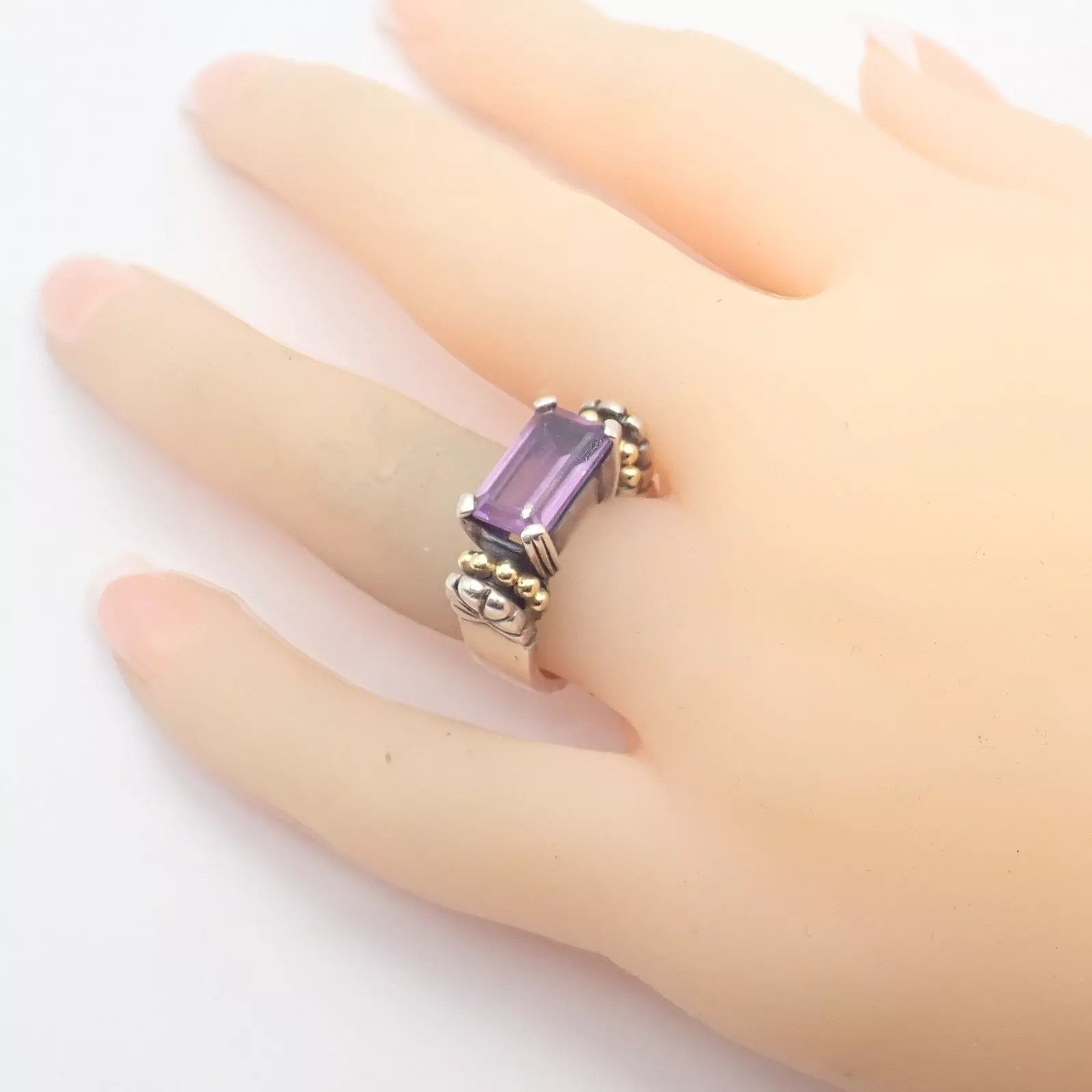 Vintage Lagos Caviar Silver + 18k Yellow Gold Amethyst Ring Size ONE SIZE - 6 Thumbnail
