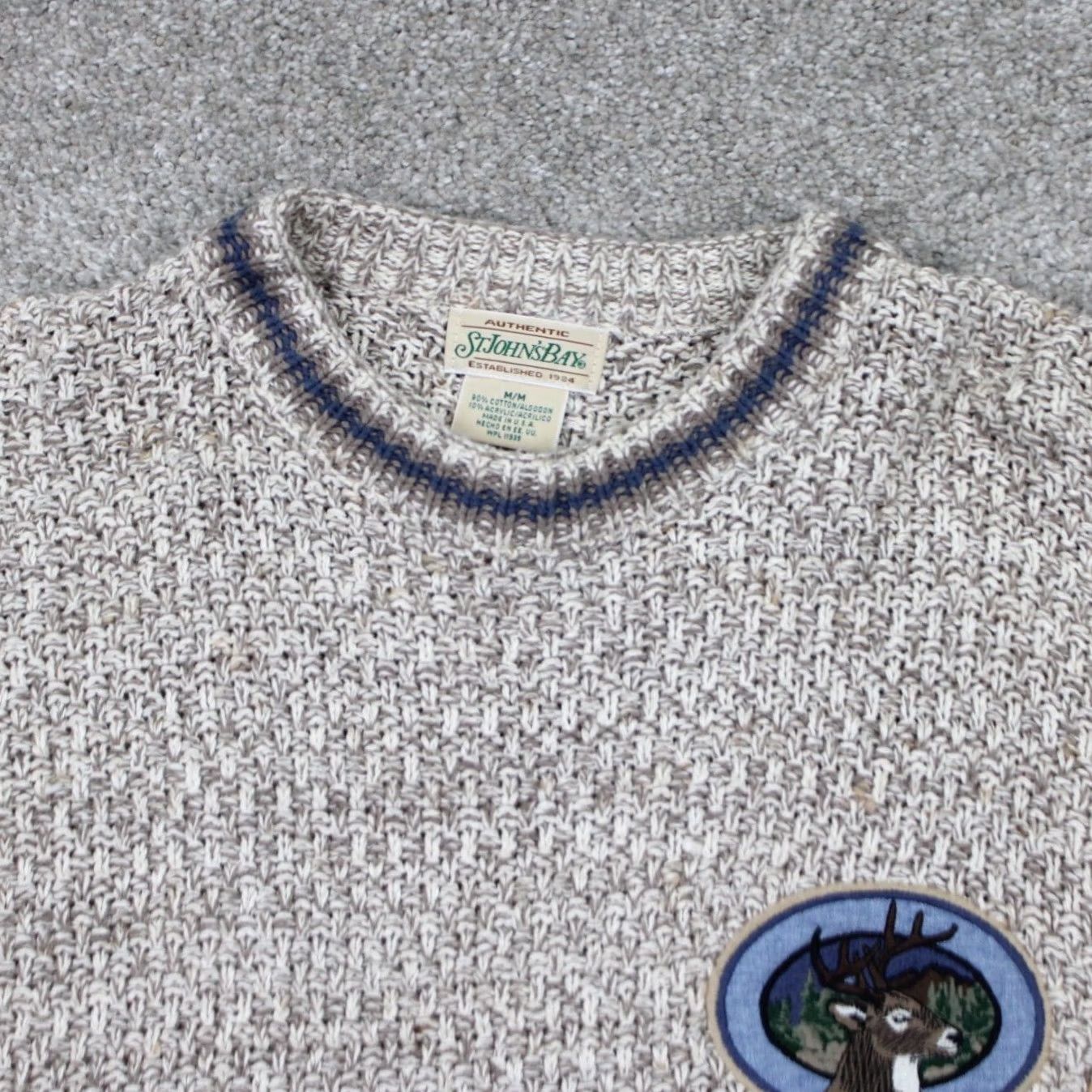 Vintage VTG St. Johns Bay Sweater Mens Medium Beige Knit Thick Embroidered Deer Patch Pullover Cardigan Crew Neck All Seasons" Size US M / EU 48-50 / 2 - 6 Thumbnail