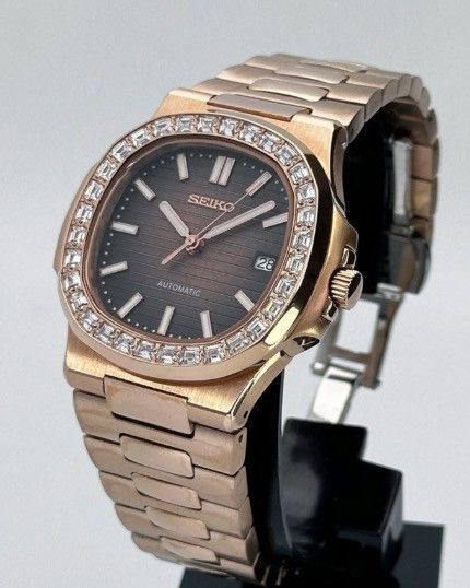 Japanese Brand Seiko Mod Nautilus Brown Diamond Rosegold Watch NH35 41mm Size ONE SIZE - 5 Thumbnail