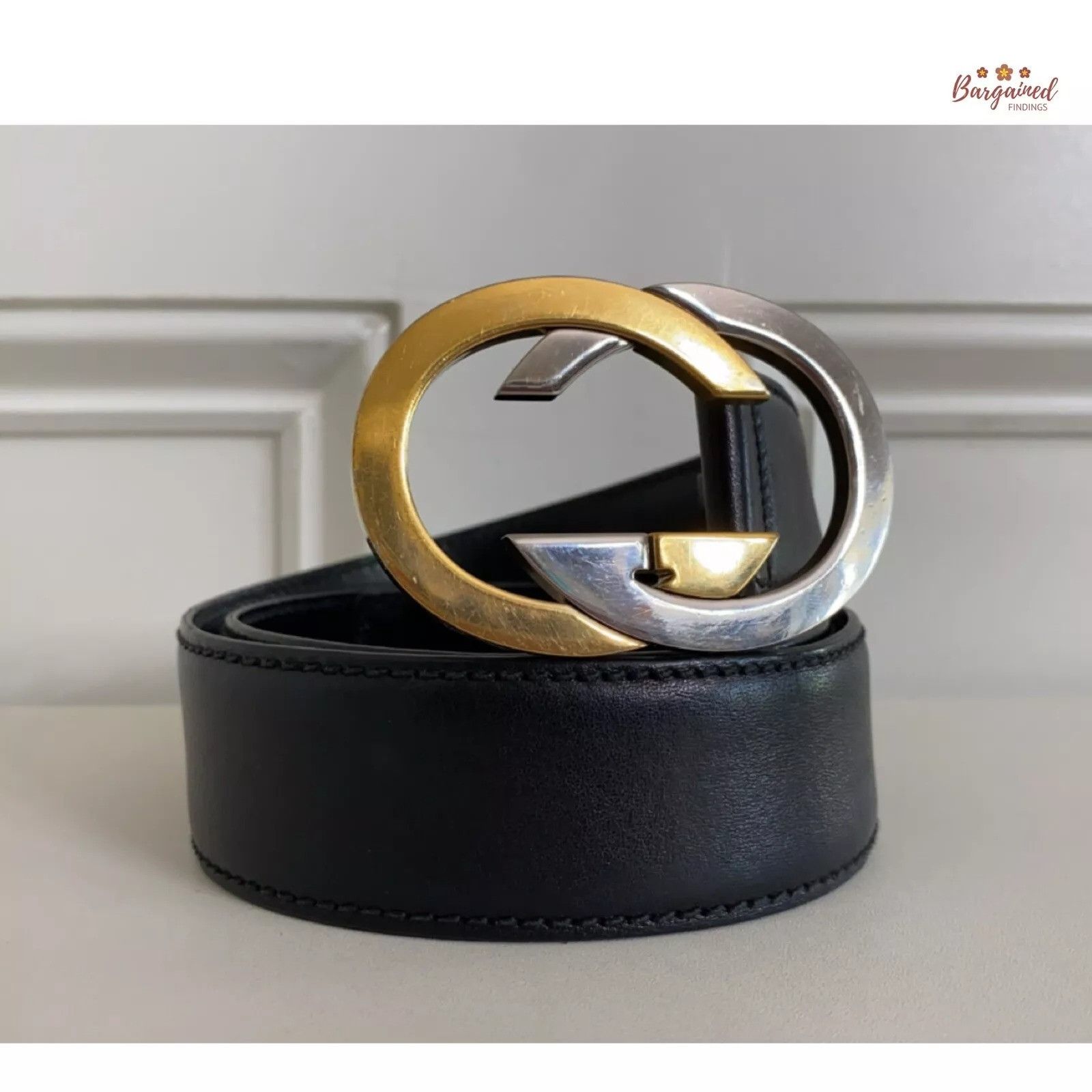 Gucci Black Leather Gold/Silver Interlocking G Buckle Belt