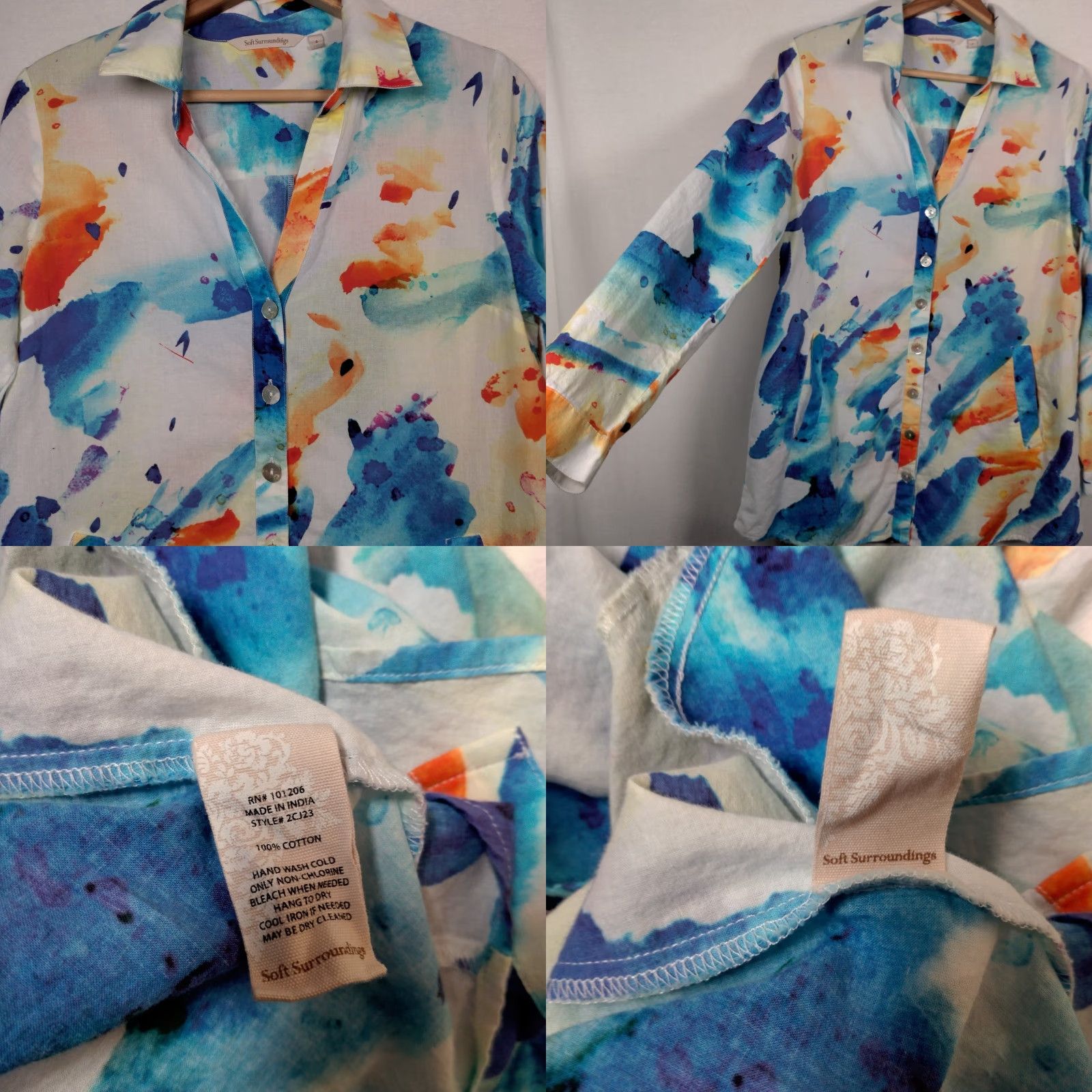 Soft Surroundings Soft Surroundings Blouse Women S Multicolor Watercolor Print Cotton 3/4 Sleeve Collared Pullover Regular Fit Artsy Colorful Womens Size S / US 4 / IT 40 - 8 Thumbnail