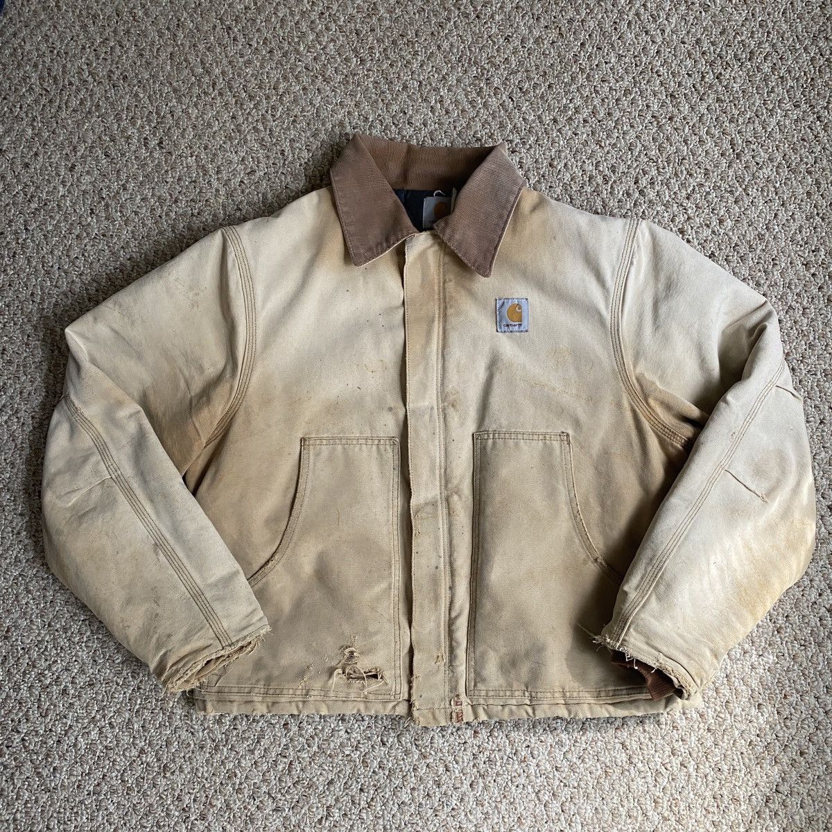 Vintage Mens Carhartt popular Jacket Coat Tan L Faded Distressed Thrashed Quilted Lining