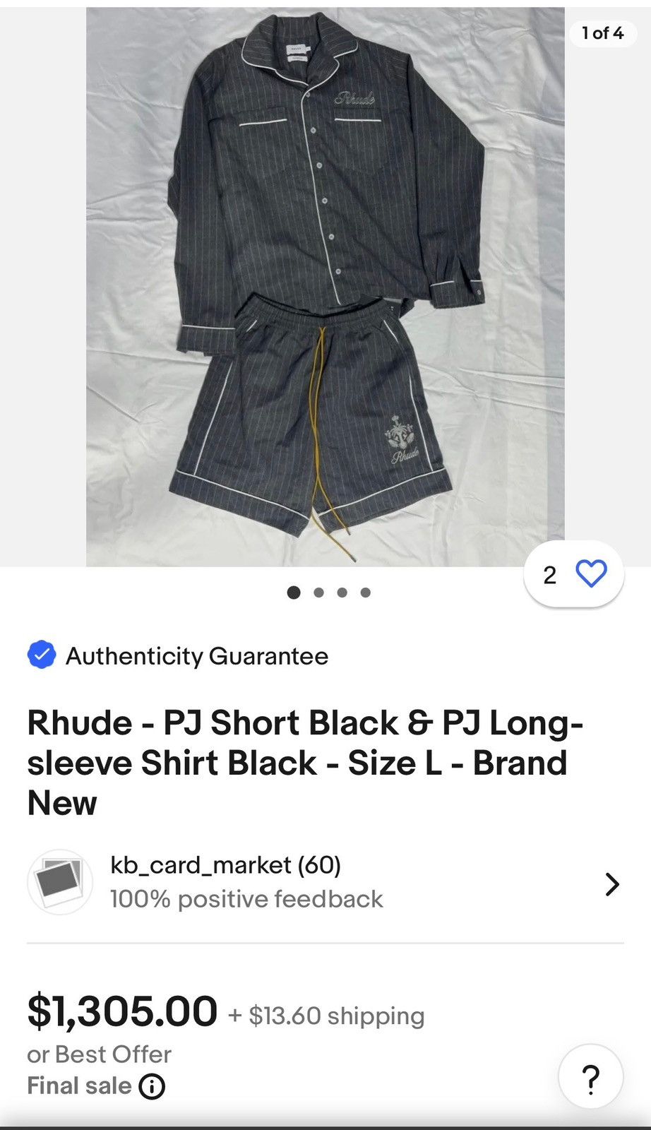 Rhude Rhude PJ long sleeve shirt (XL) & shorts (L) Size US XL / EU 56 / 4 - 8 Thumbnail