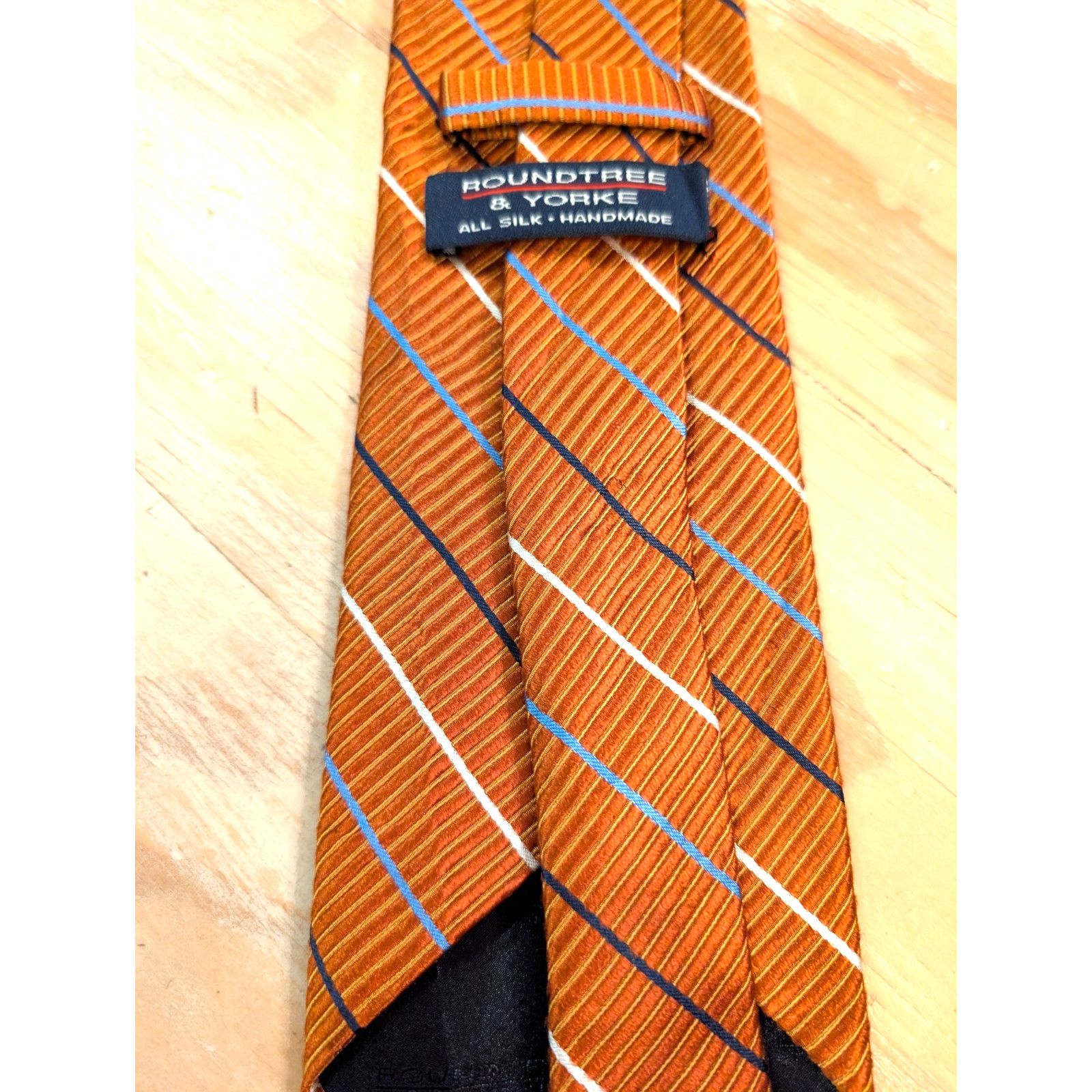 Roundtree & Yorke Roundtree Yorke Tie Orange Cream Black Blue Stripes Silk Tie Size ONE SIZE - 3 Thumbnail