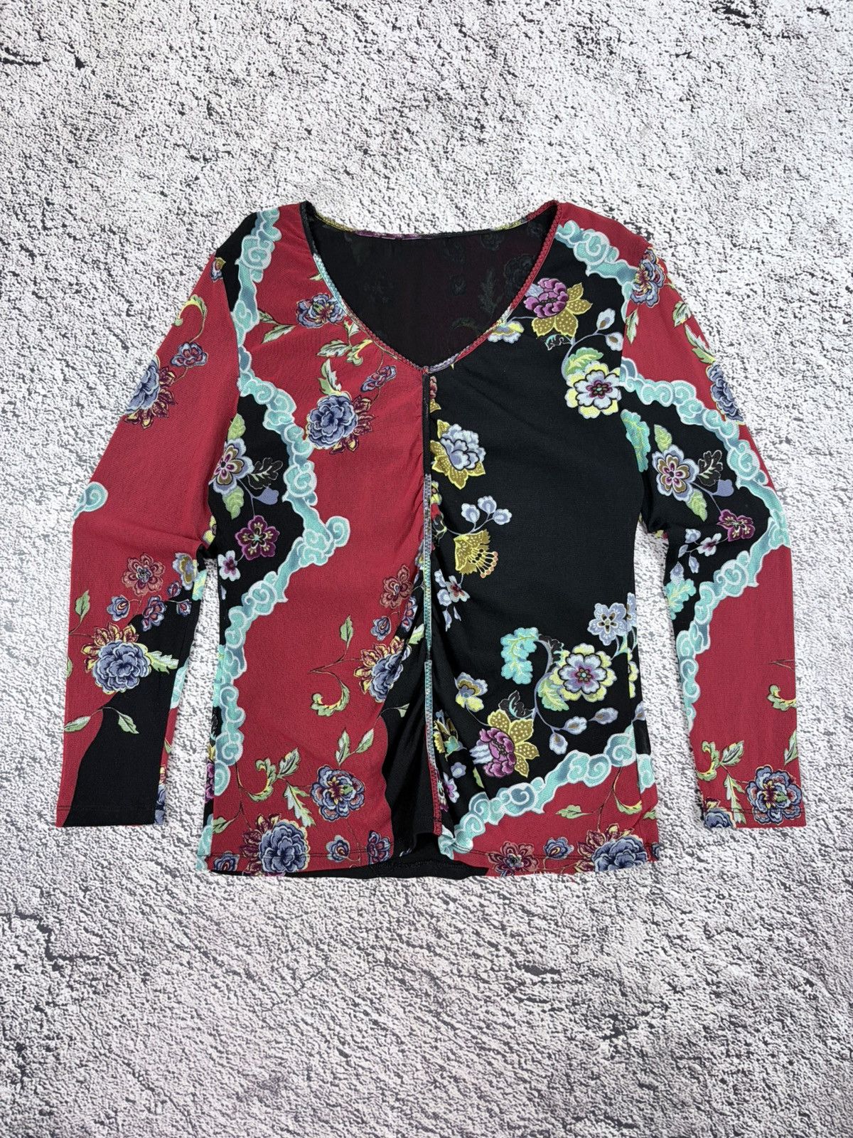 Japanese Brand Vintage Y2K Asymmetric Ruched Floral Mesh Top Japan Size L / US 10 / IT 46 - 1 Thumbnail