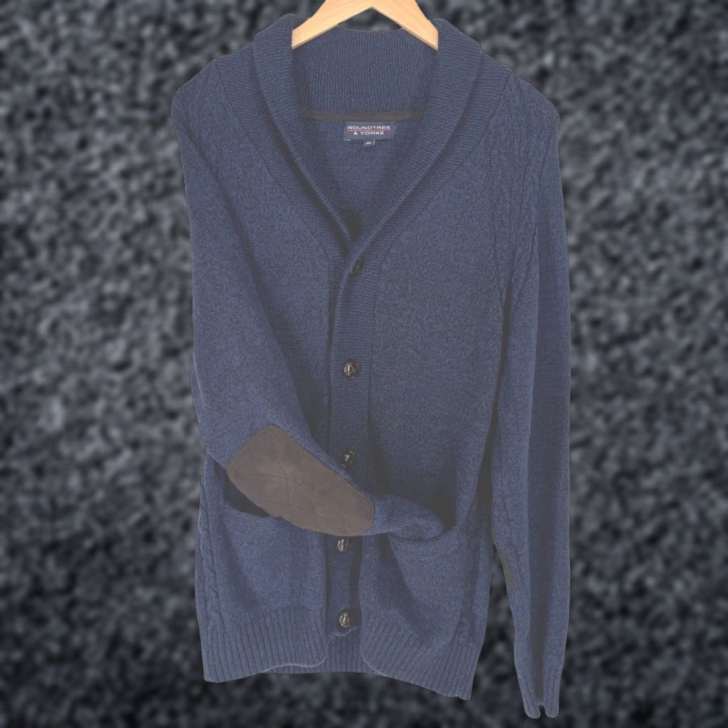 Roundtree & Yorke Men Cable Knit Fisherman Cardigan Sweater Shawl Collar Elbow Patch Button Blue M Size US M / EU 48-50 / 2 - 1 Thumbnail