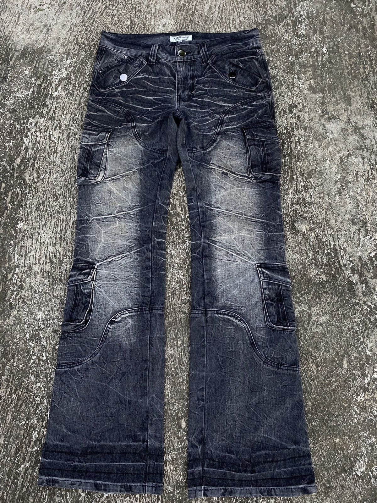 image of If Six Was Nine x Kmrii Lowbox Cargo Flare Denim Pants in Acid Grey, Men's (Size 32)