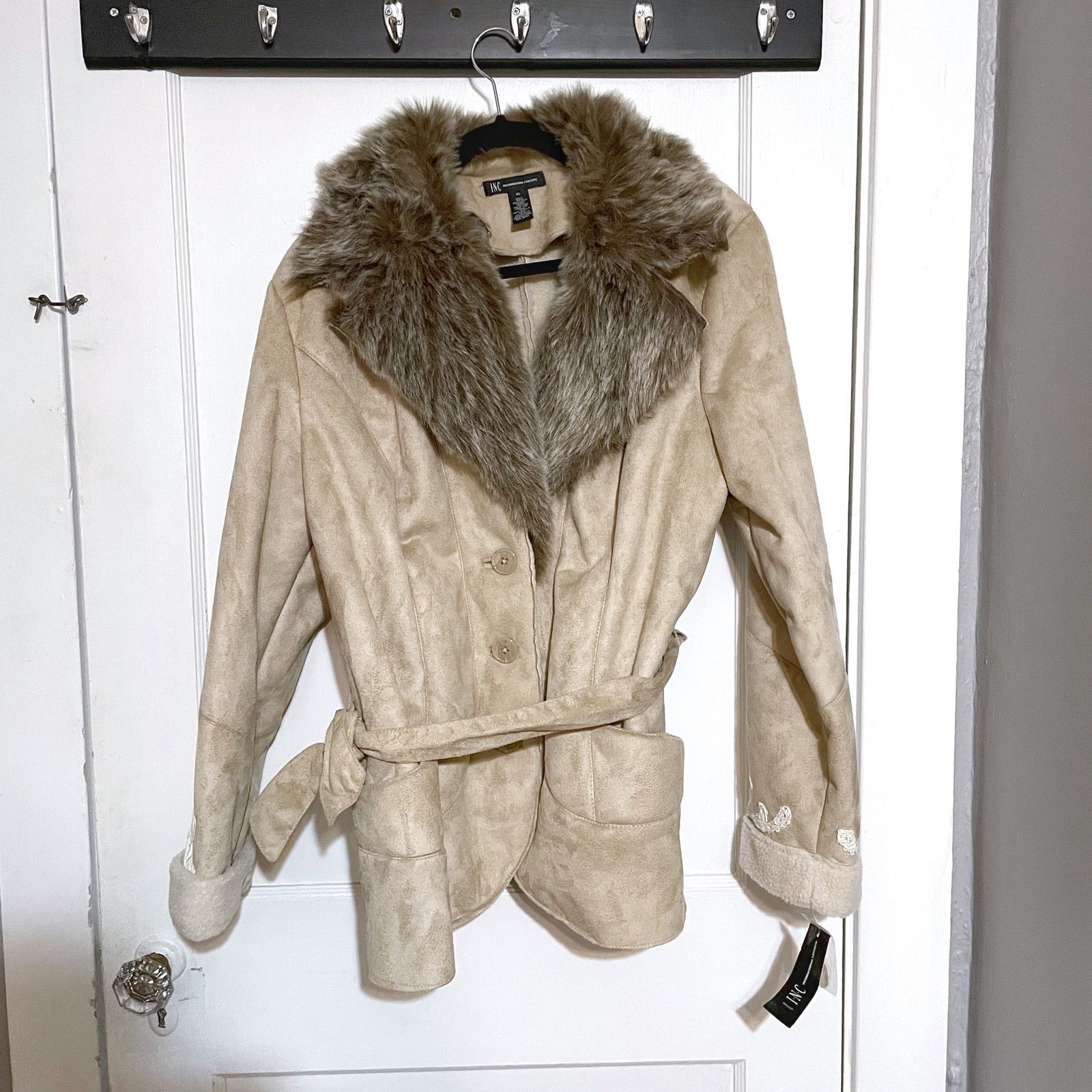 I.N.C NEW INC Coat Jacket Faux Suede Faux Fur Collar Belt Size XL Size XL / US 12-14 / IT 48-50 - 2 Thumbnail