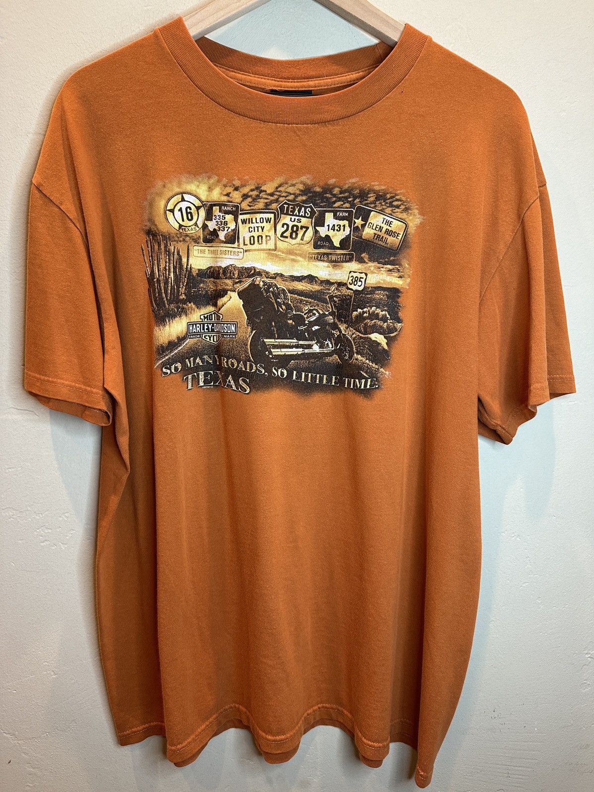 image of Art x Harley Davidson So Many Roads Dallas Texas Shirt in Orange Brown, Men's (Size XL)