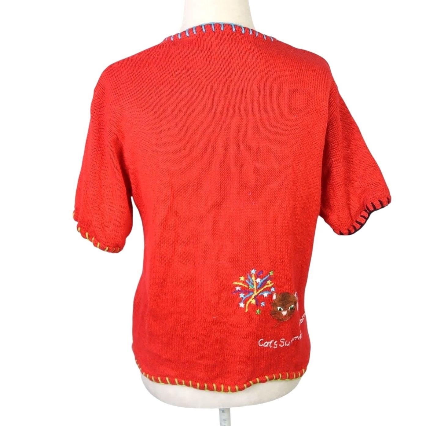 CO VINTAGE 90s M.C. & Co Red Cat Embroidered Cardigan Sweater S Womens Short Sleeve Knit Cotton Ramie Beaded Casual Spring Summer 90s Cats motif Size S / US 4 / IT 40 - 4 Thumbnail