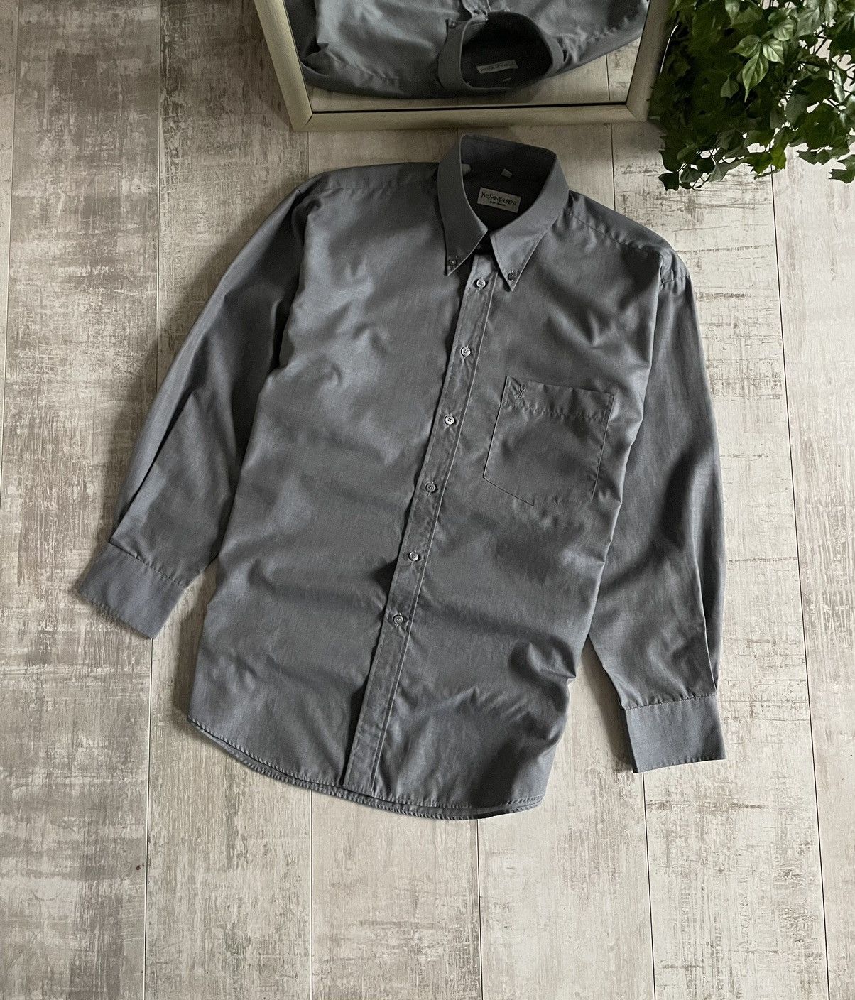 Vintage × Yves Saint Laurent Vintage Yves Saint Laurent Shirt Button Up Grey YSL Logo Size US M / EU 48-50 / 2 - 1 Thumbnail