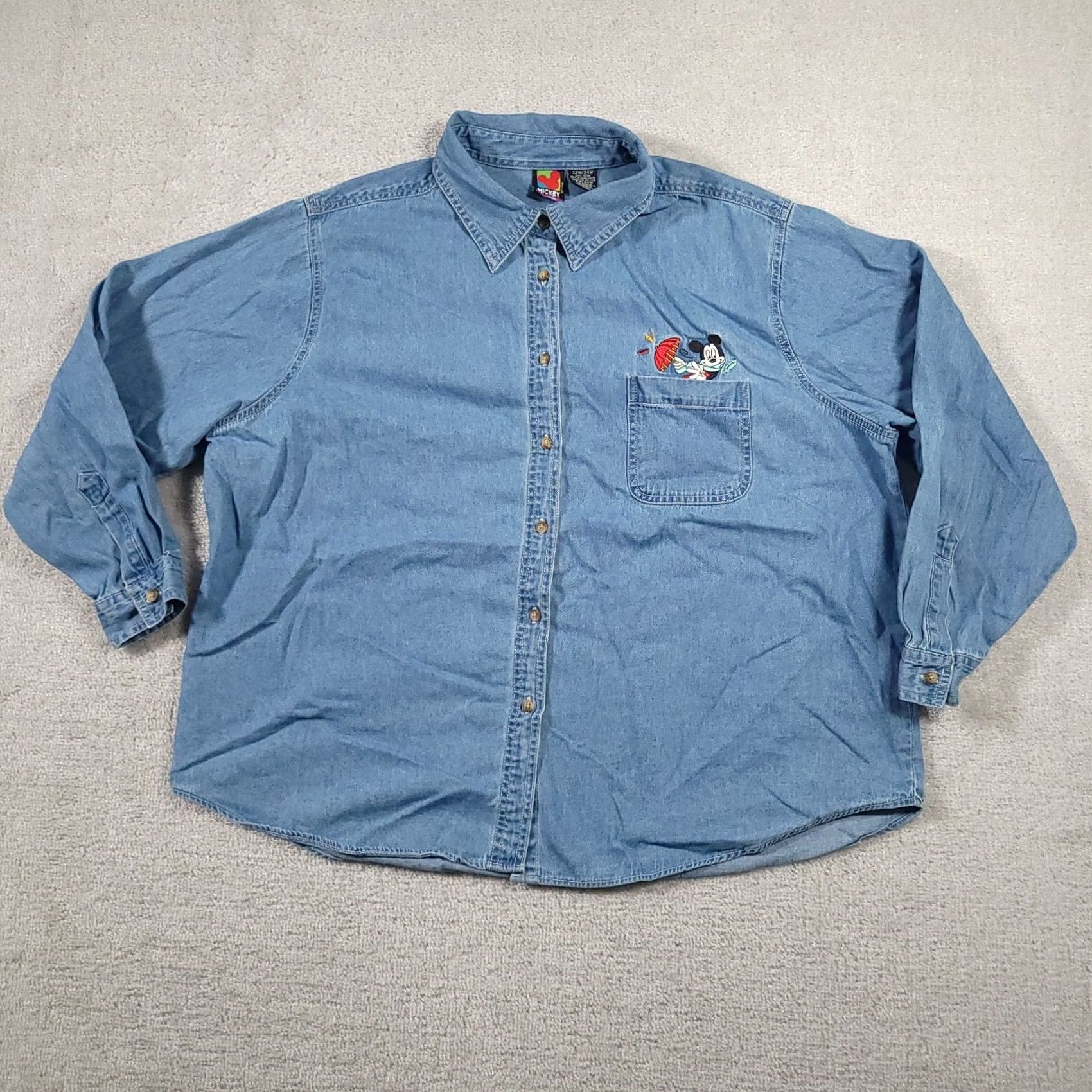 Mickey Unlimited VINTAGE Mickey Unlimited Shirt Denim Button Up Embroidered Pocket 90s Womens 24W Blue Cotton Shirt Women Menstrual? Size 4XL / US 24-26 - 2 Thumbnail