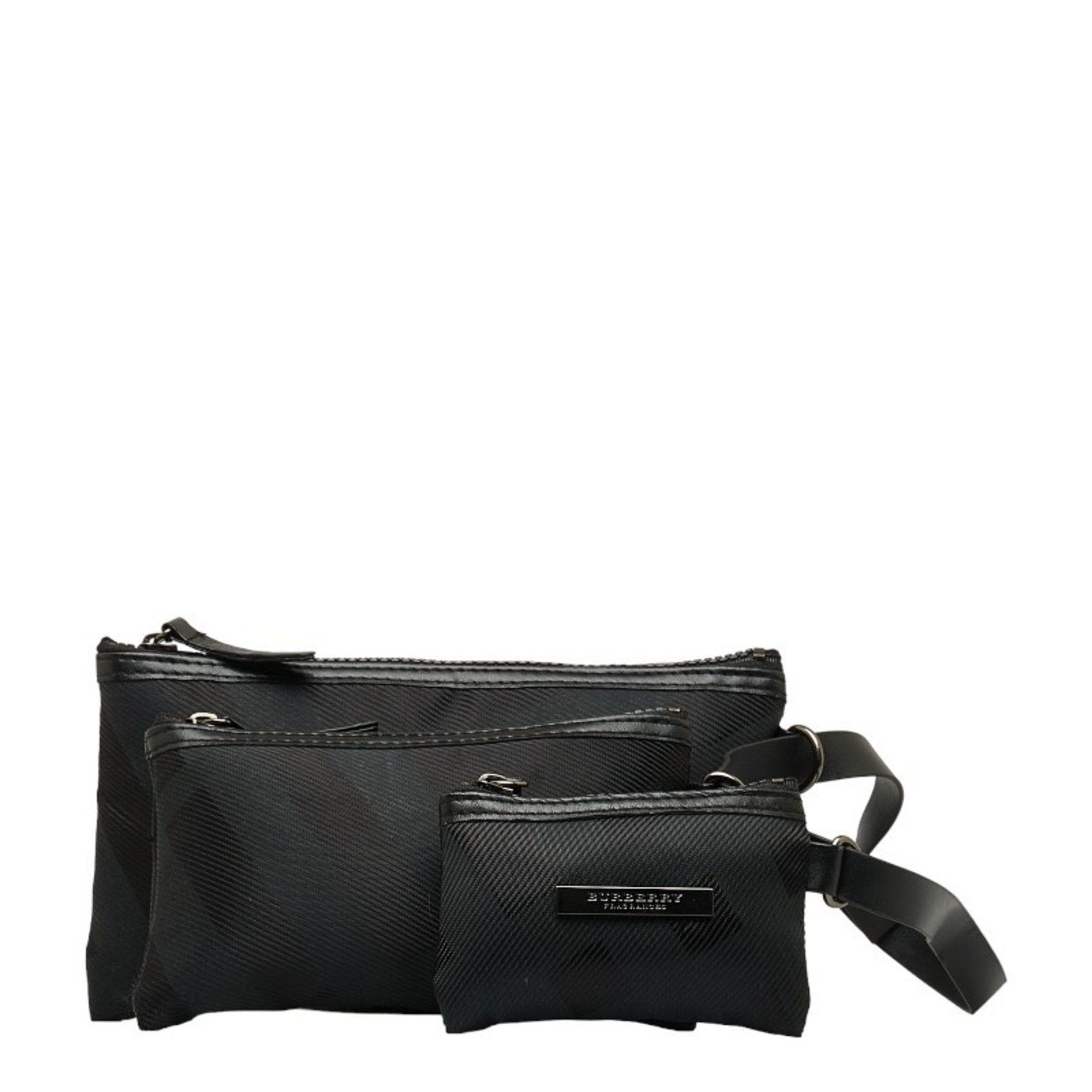 image of Burberry 3-Piece Plate Pouch, Black, Nylon, Leather, Women's, Burberry