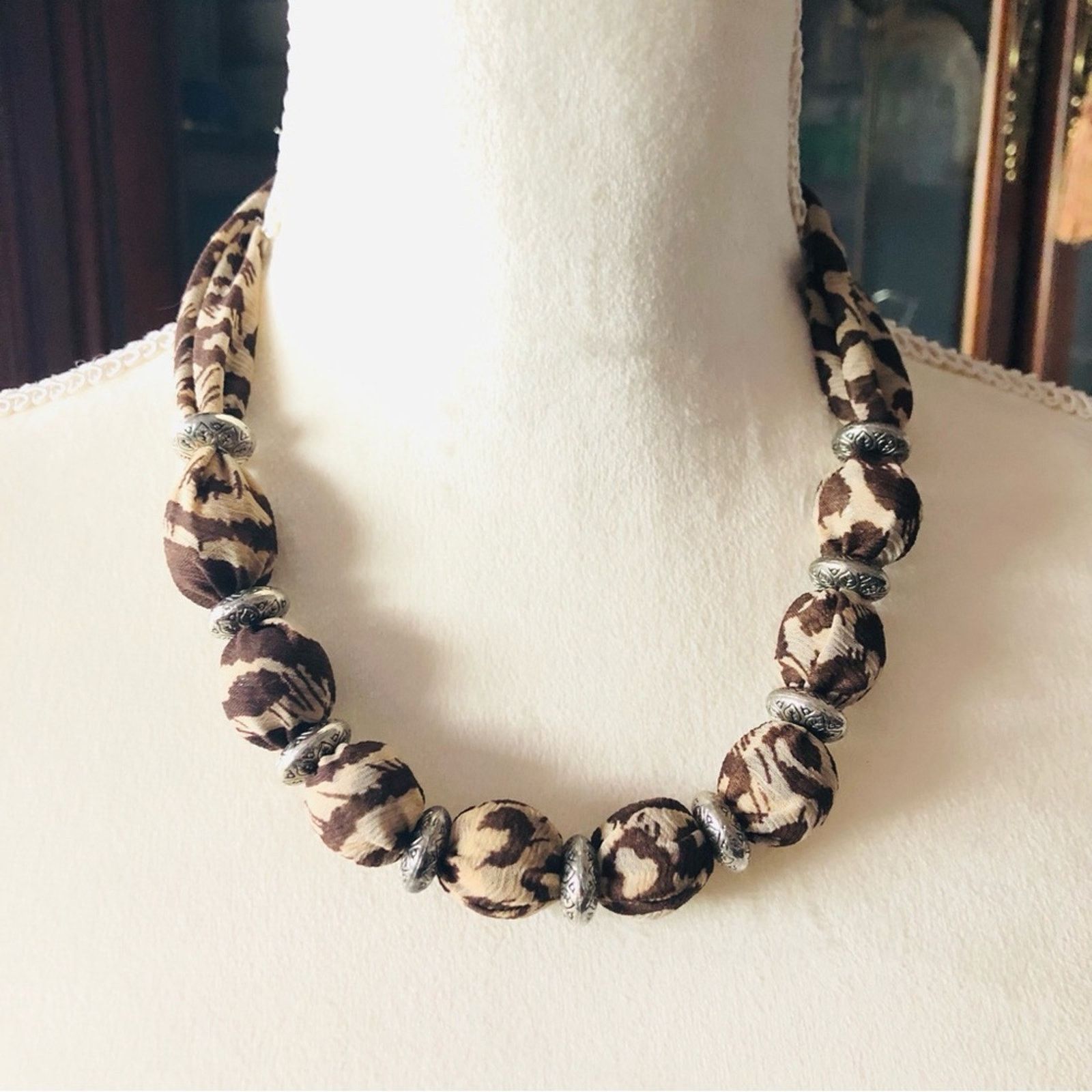 Handmade Country Girl animal print fabric covered bead necklace Size ONE SIZE - 1 Thumbnail