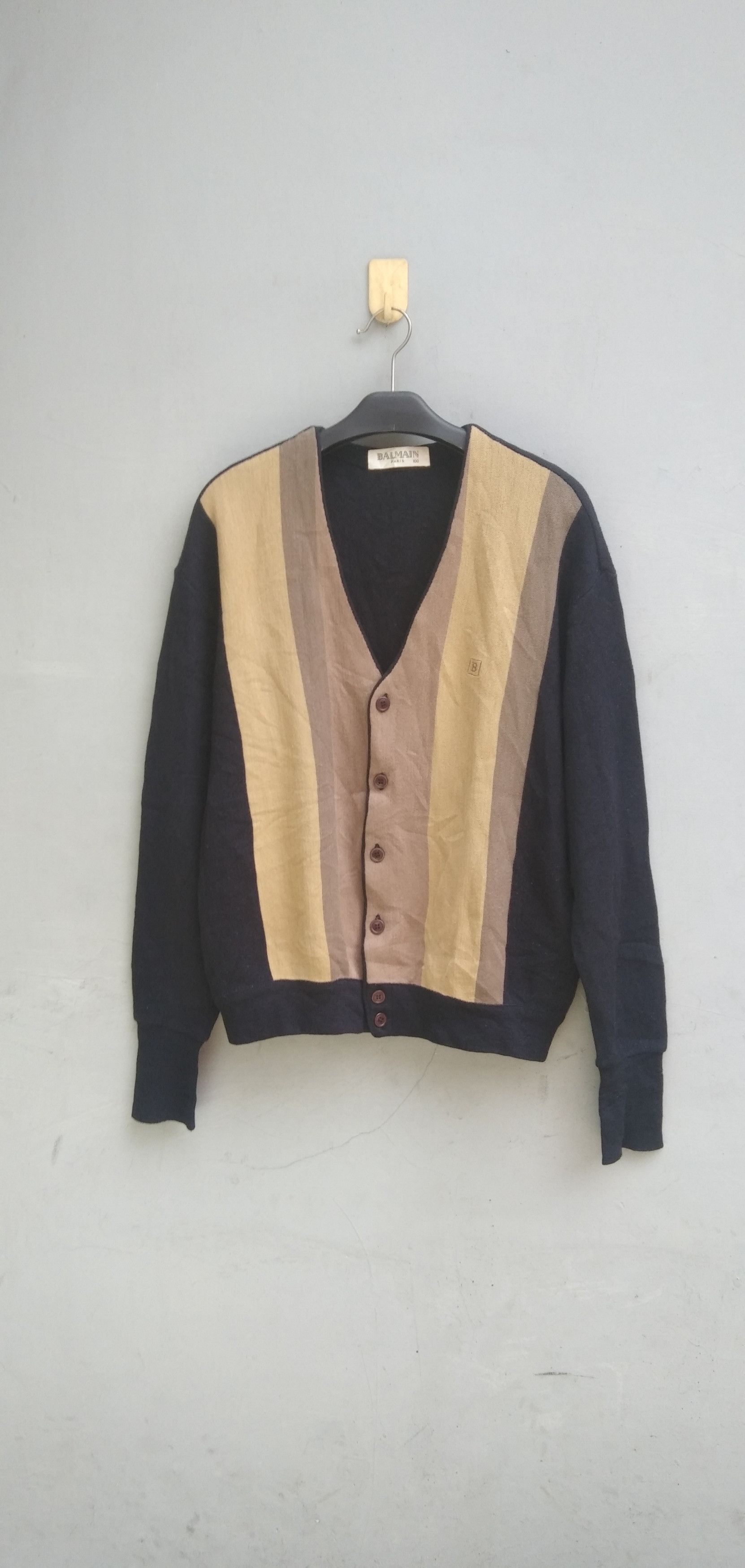 Balmain × Vintage Vtg Balmain navy brown stripe cardigan Size US M / EU 48-50 / 2 - 1 Thumbnail