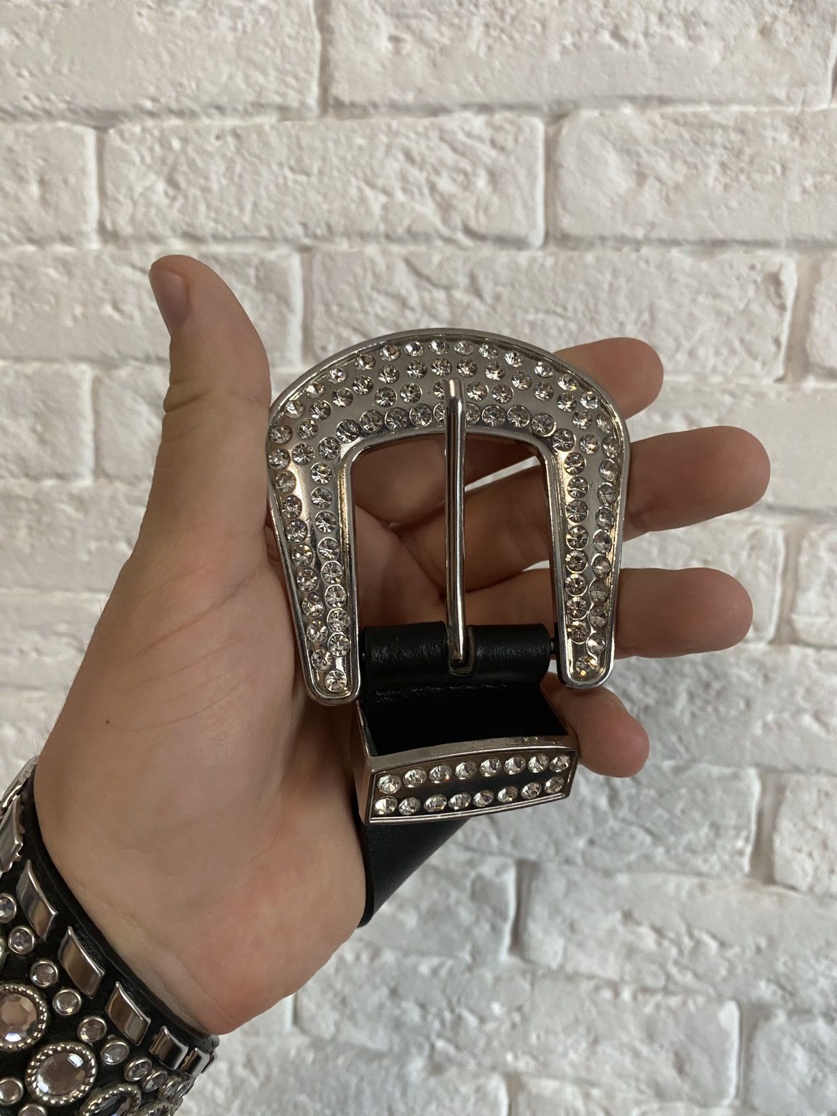 Japanese Brand Vintage Y2K B.B.Simon Style Leather Belt With Rhinestones Size ONE SIZE - 2 Thumbnail