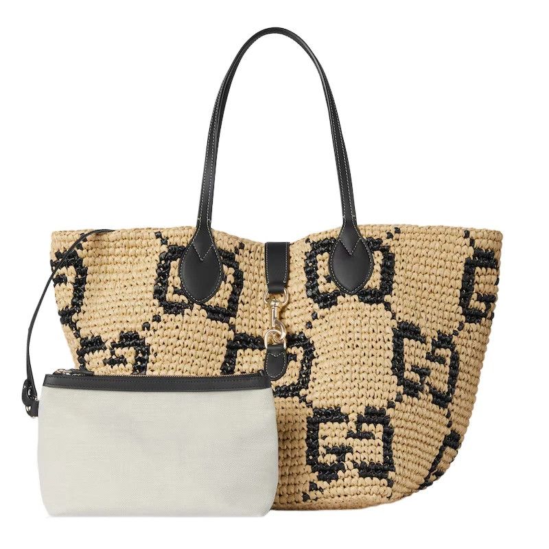 Gucci GUCCI $3650 Nat/Blk GG Raffia Medium Tote New Authentic Size ONE SIZE - 3 Thumbnail
