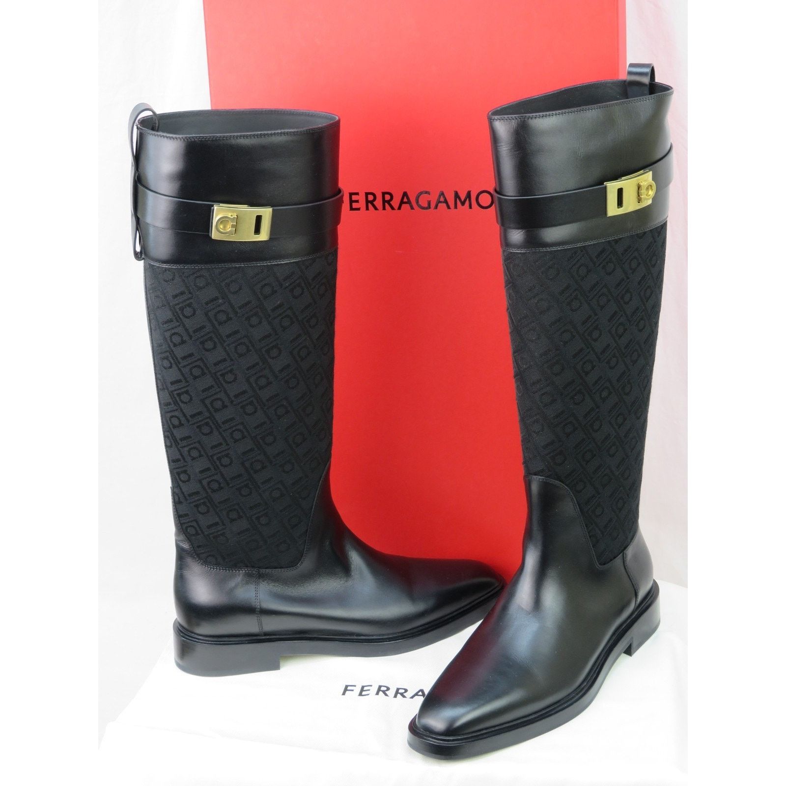 FERRAGAMO ROLY BLACK LEATHER SUEDE GANCINI TALL BOOTS 9 C