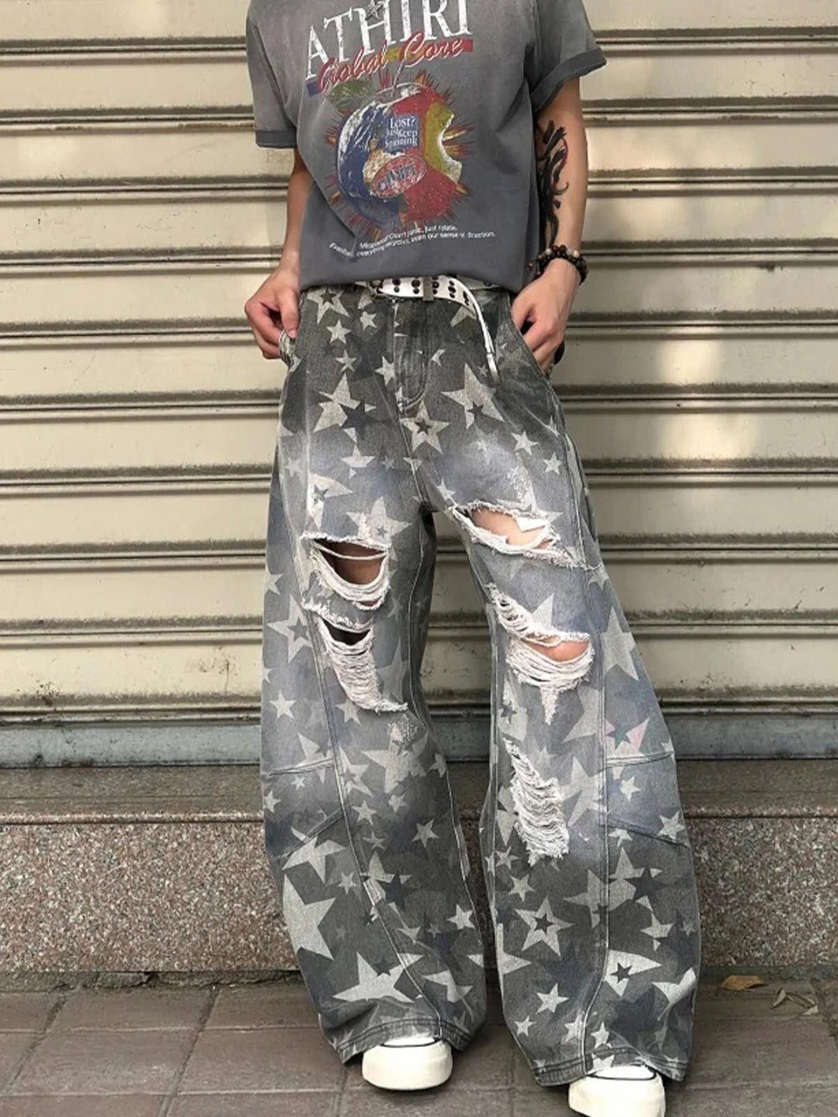 Jean Gray Distressed Star Print Wide Leg Jeans, Baggy Fit Size US 28 / EU 44 - 3 Thumbnail