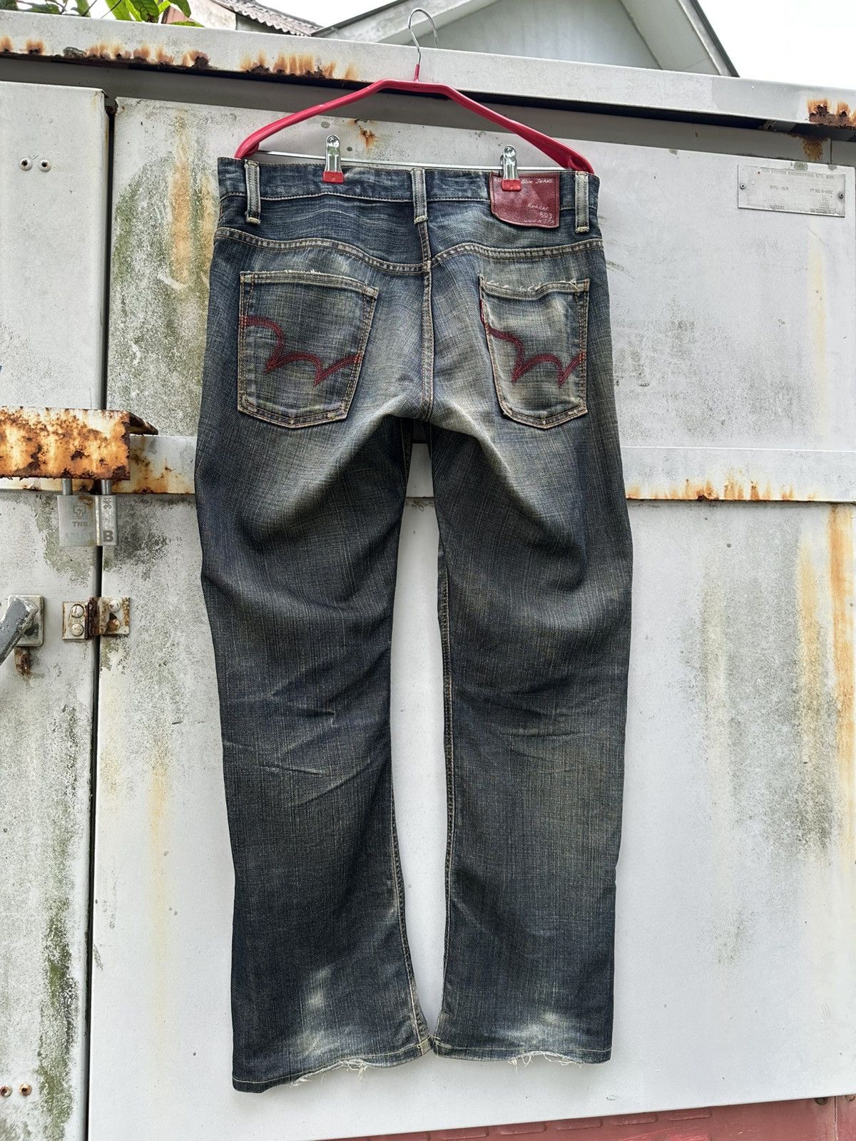 Edwin 👹Vintage THRASHED Edwin Edge Of Blue Baggy Jeans Size US 33 - 9 Thumbnail
