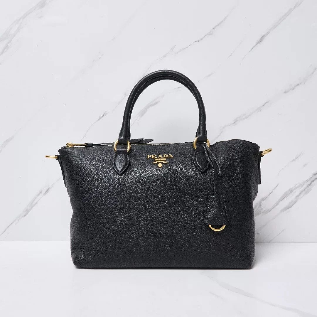 Prada Prada Black Leather Gold Logo Tote Bag Size ONE SIZE - 2 Thumbnail