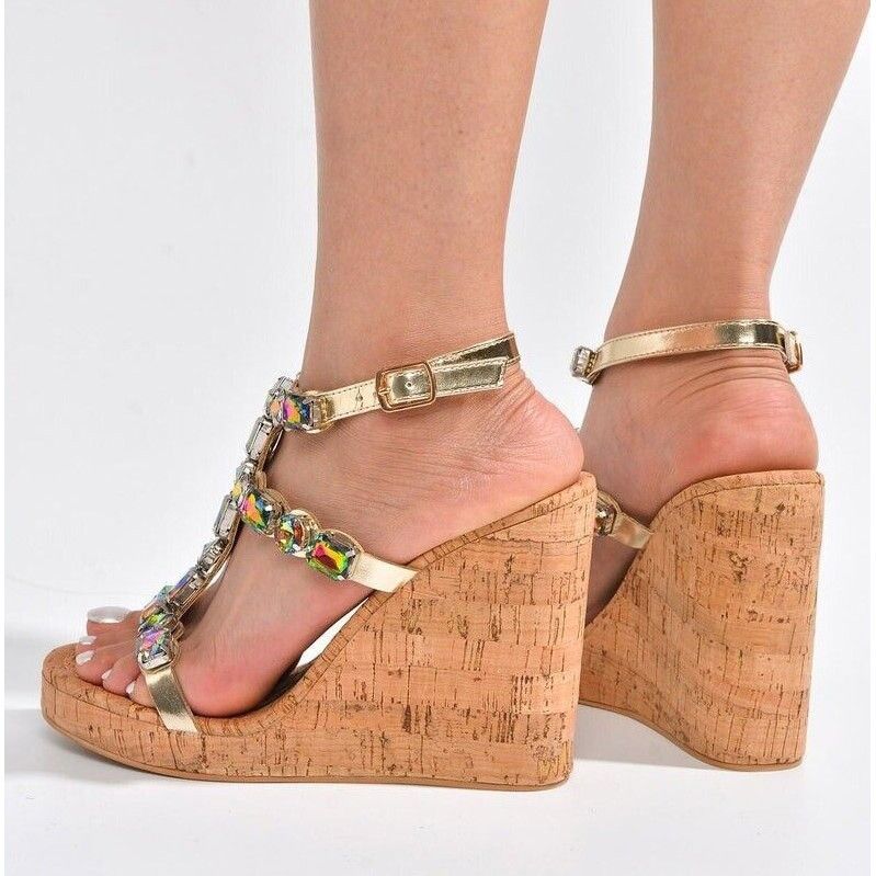 Other Summer Time Colorful Jeweled Cork Wedge High Heel Sandals (U Size US 11 / IT 41 - 8 Thumbnail