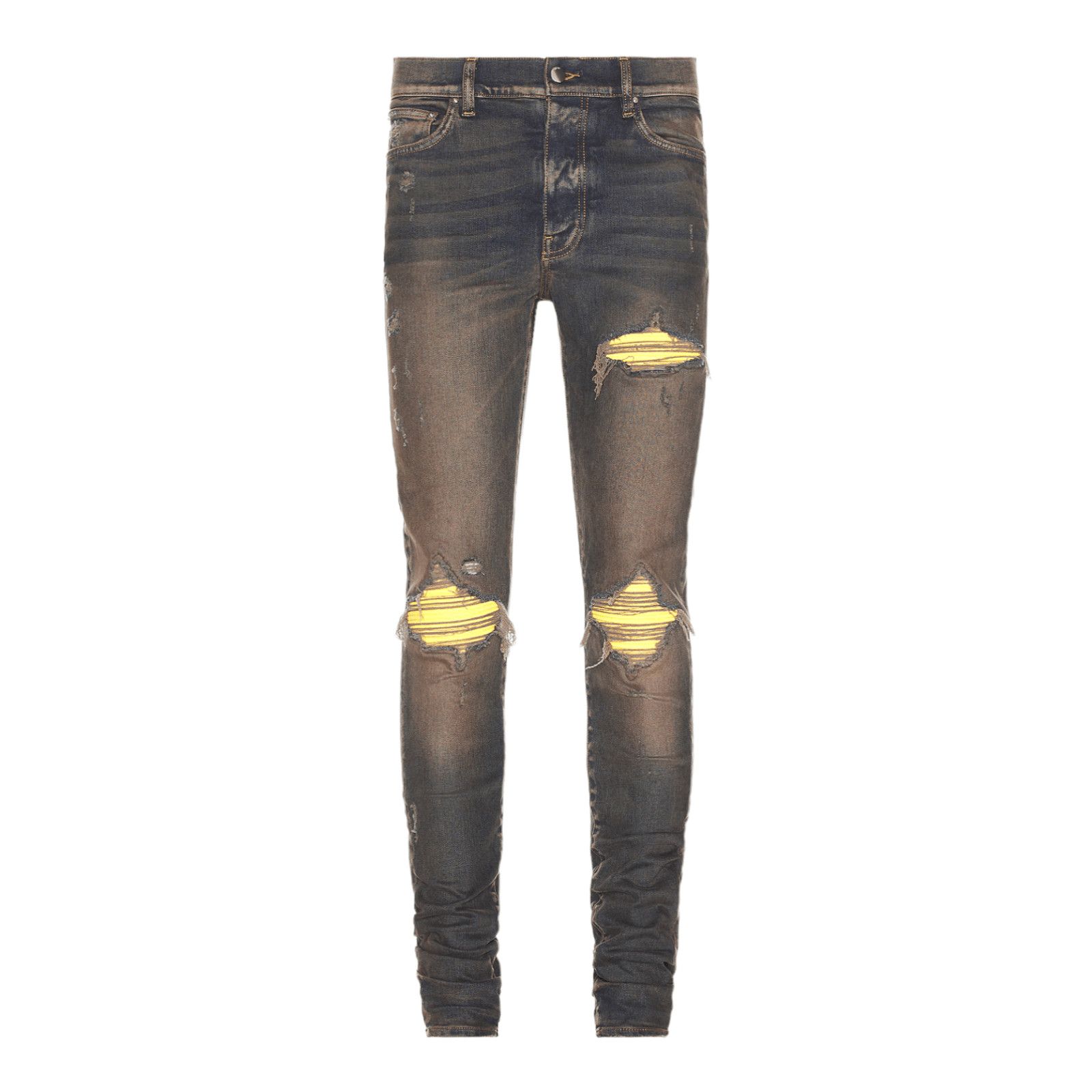 image of Amiri Mx1 Yellow Ultra Suede Patch Dark Indigo, Men's (Size 34)