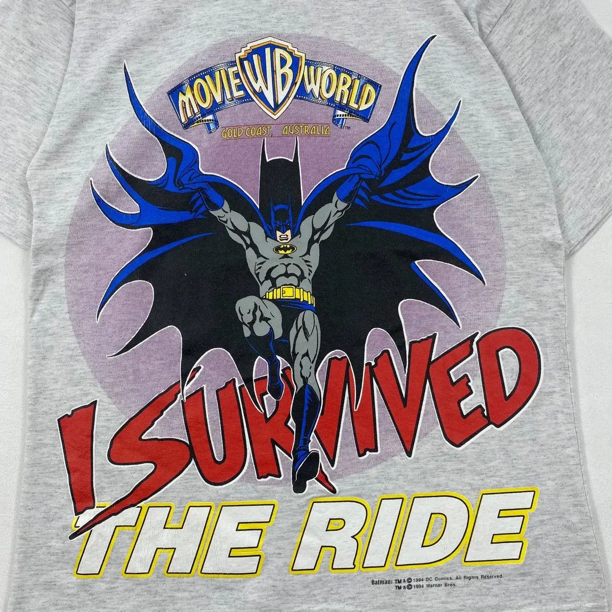 DC Comics × Vintage × Warner Bros Vintage 90's BATMAN I Survived The Ride Cartoon Tee Shirt Size US S / EU 44-46 / 1 - 2 Thumbnail