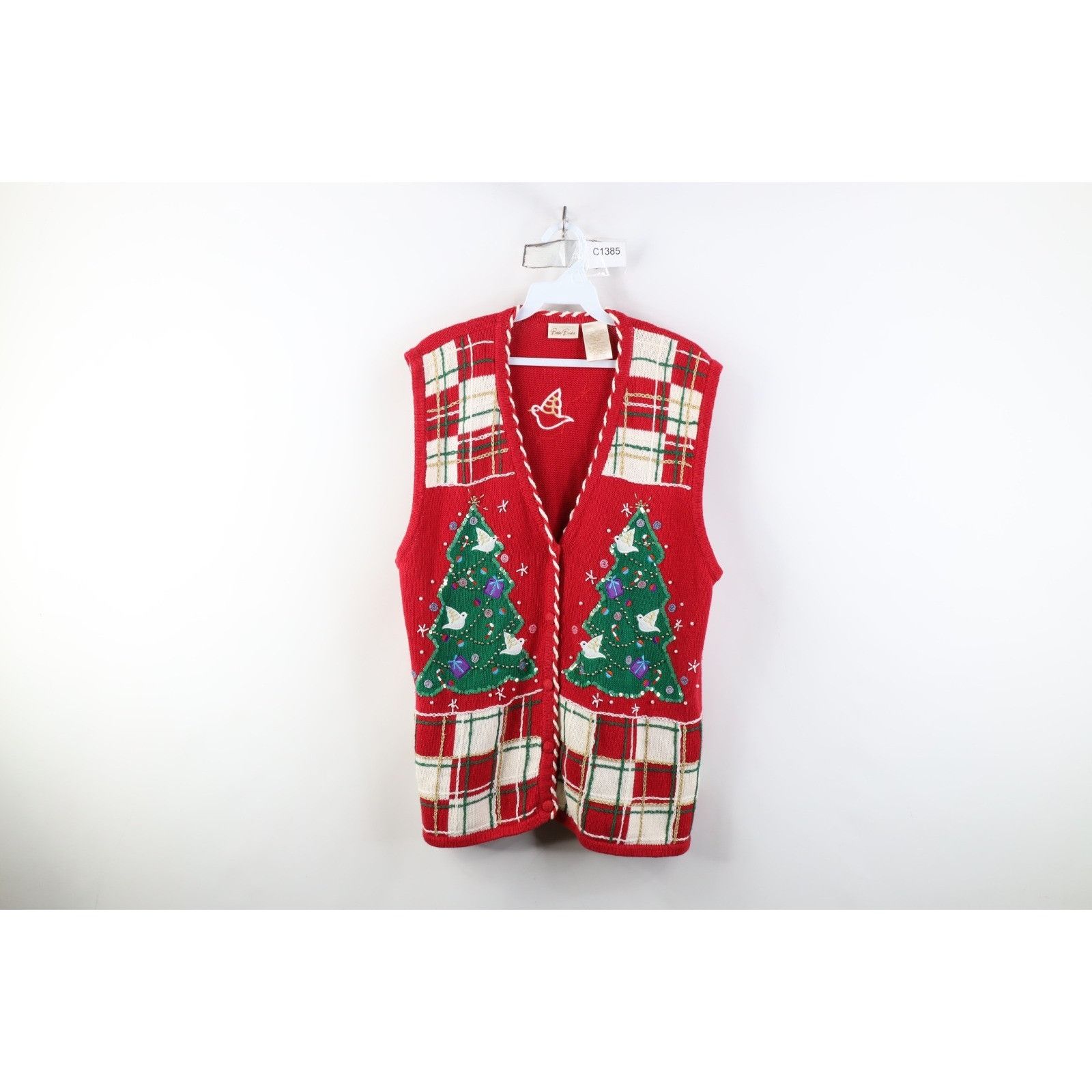 Vintage Vintage 90s Christmas Tree Dove Cardigan Sweater Vest Size L / US 10 / IT 46 - 1 Thumbnail
