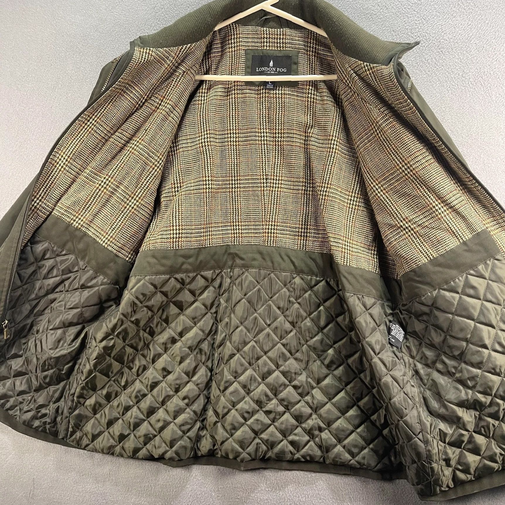 London Fog London Fog Jacket Womens Large Olive Green Quilted Utility Pockets Plaid Lining Size L / US 10 / IT 46 - 7 Thumbnail