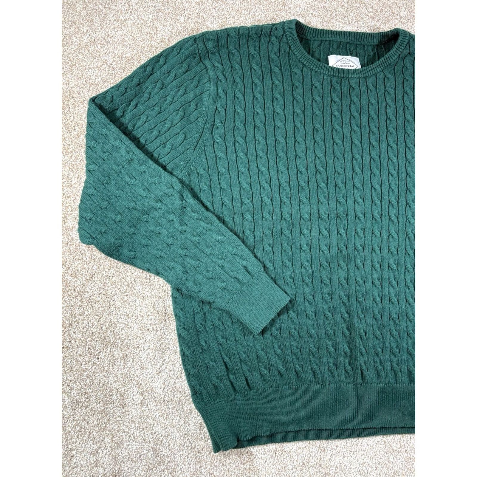 Vintage St. John's Bay Sweater Mens XL Green Cable-Knit Crewneck Pullover Knit Cotton Nylon Regular Sleeve Long Vintage No Size US XL / EU 56 / 4 - 2 Thumbnail