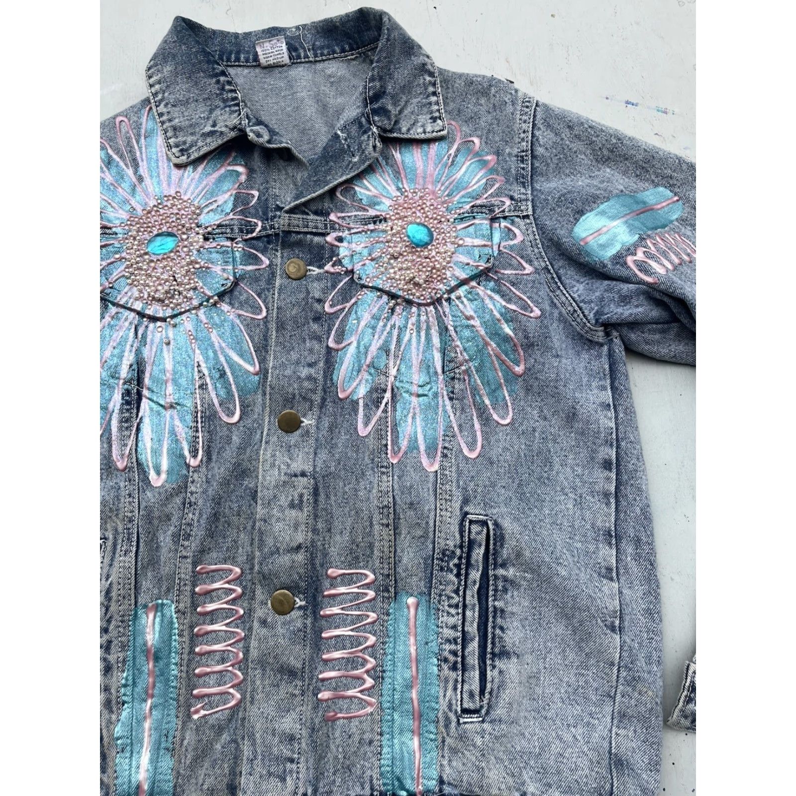 Denime Women's Bon Bon Jacket Denim 14 Blue 80s Retro Whimisgoth Vintage Jacket Bon Bon Denim Solid Blue Rock 80s Mens? Women? Size XL / US 12-14 / IT 48-50 - 2 Thumbnail