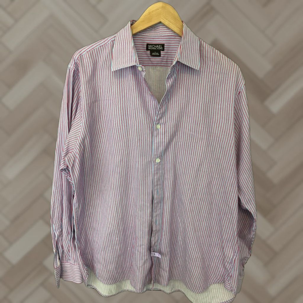 Michael Kors Michael Kors Button-Up Dress Shirt Long Sleeve Striped Spread Collar Blue White L Mens Size 42R - 1 Thumbnail