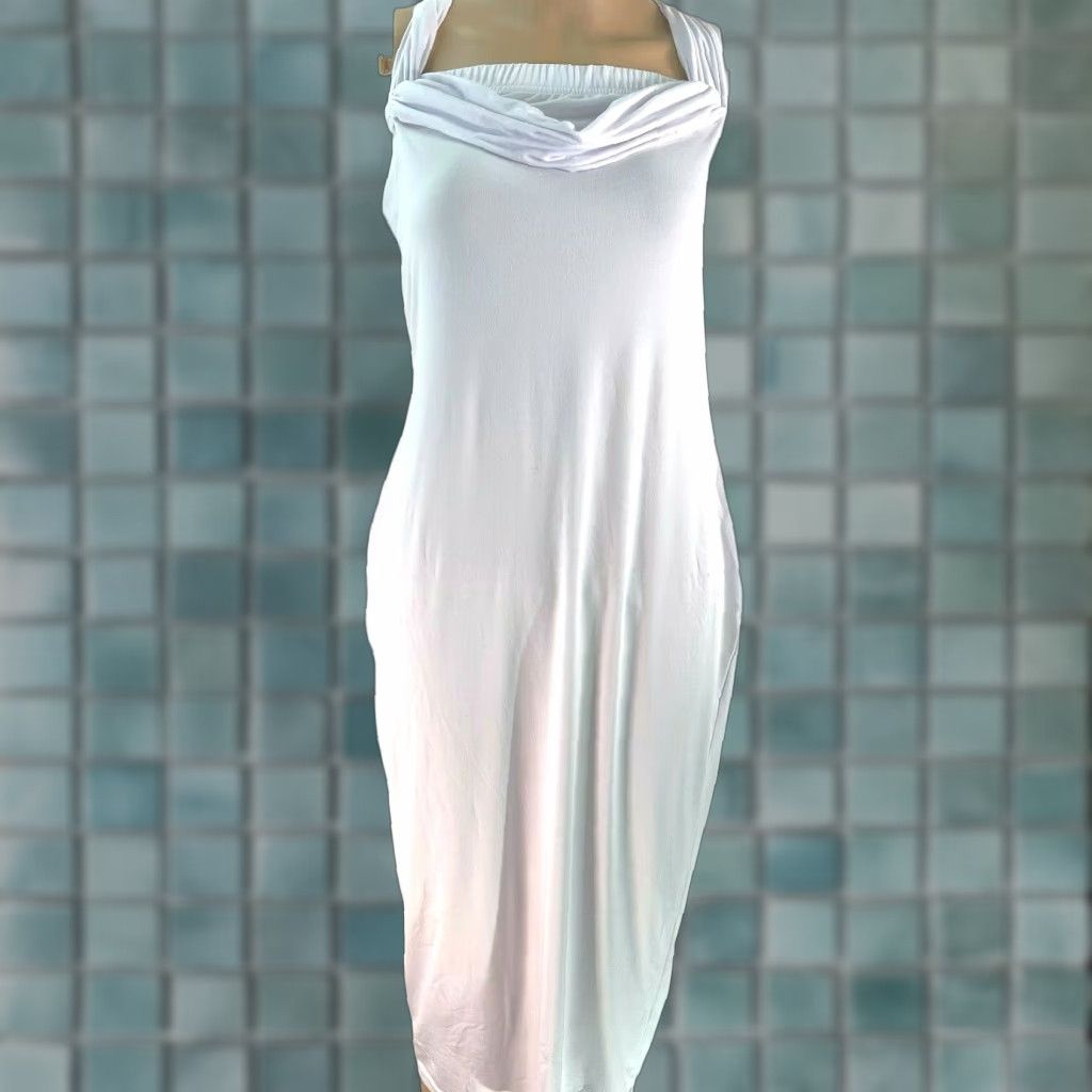 Vintage Sleeveless Criss Cross Back White Sheath Dress Size Large Jr - Polyester Blend, 90% Polyester 10% Spandex, Knee Length, Square Neck, Pullover, Solid Size L / US 10 / IT 46 - 1 Thumbnail