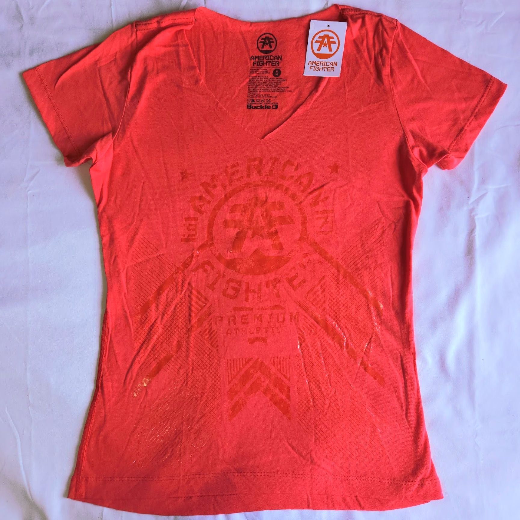 Vintage American Fighter By Affliction Mitchell Women's L Red V-Neck Graphic T-Shirt MMA Gymwear Athletic Biker Tee Optic Size L / US 10 / IT 46 - 3 Thumbnail