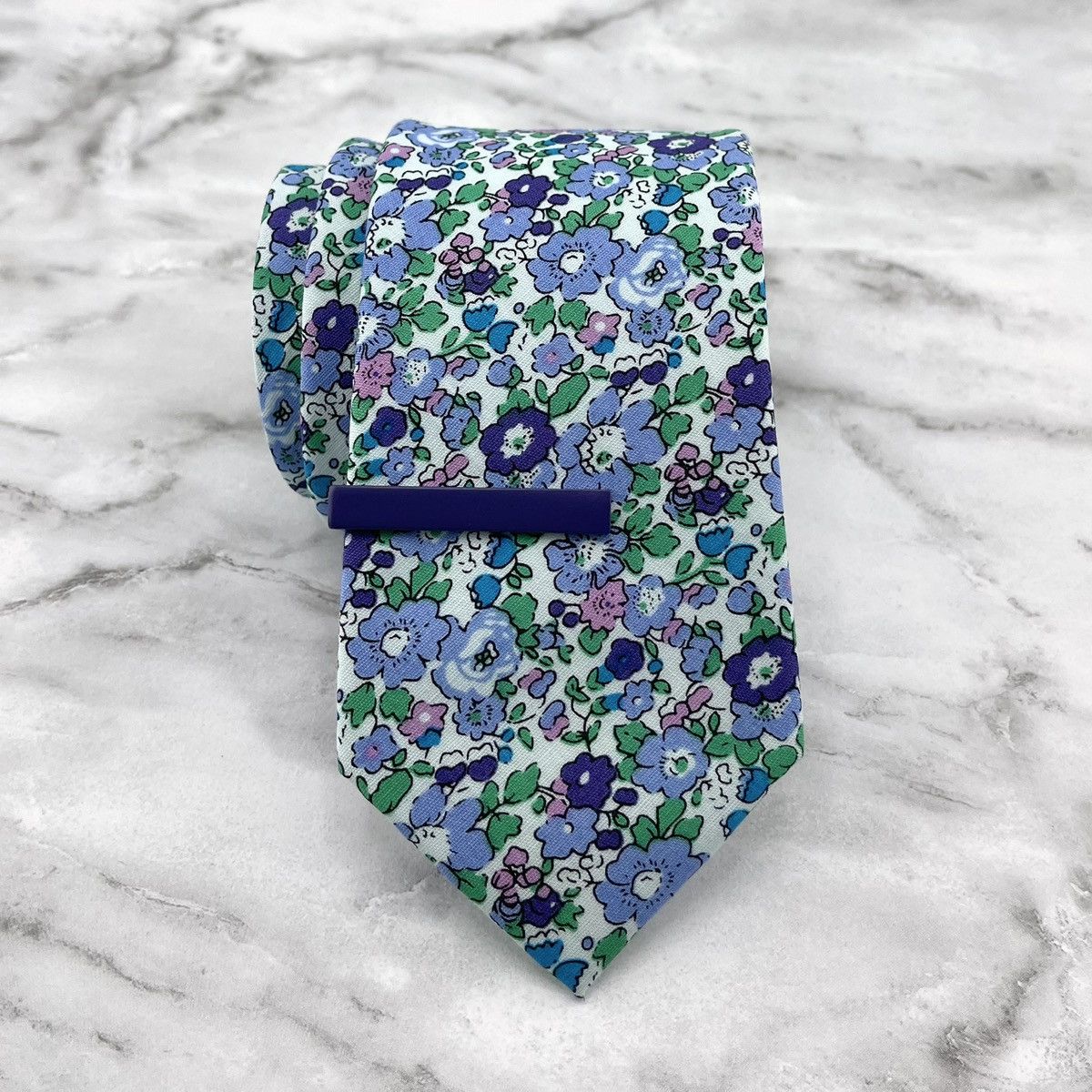 Other Men’s White Ditsy Floral Slim Necktie & Indigo Tie Bar Size ONE SIZE - 1 Thumbnail