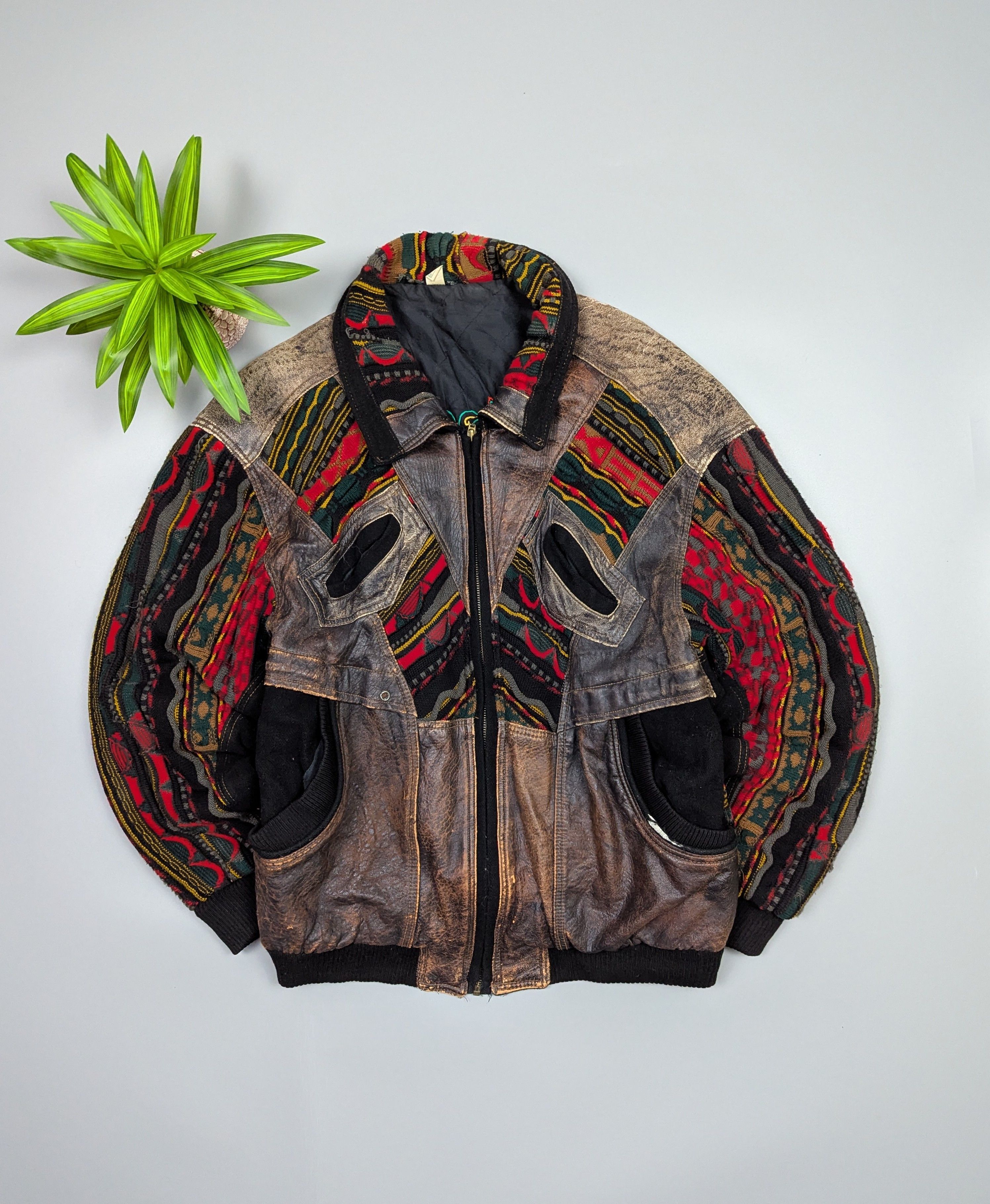 Vintage Roger Springfield Vintage 80s Leather×Knit Patchwork Bombe Size US L / EU 52-54 / 3 - 1 Thumbnail